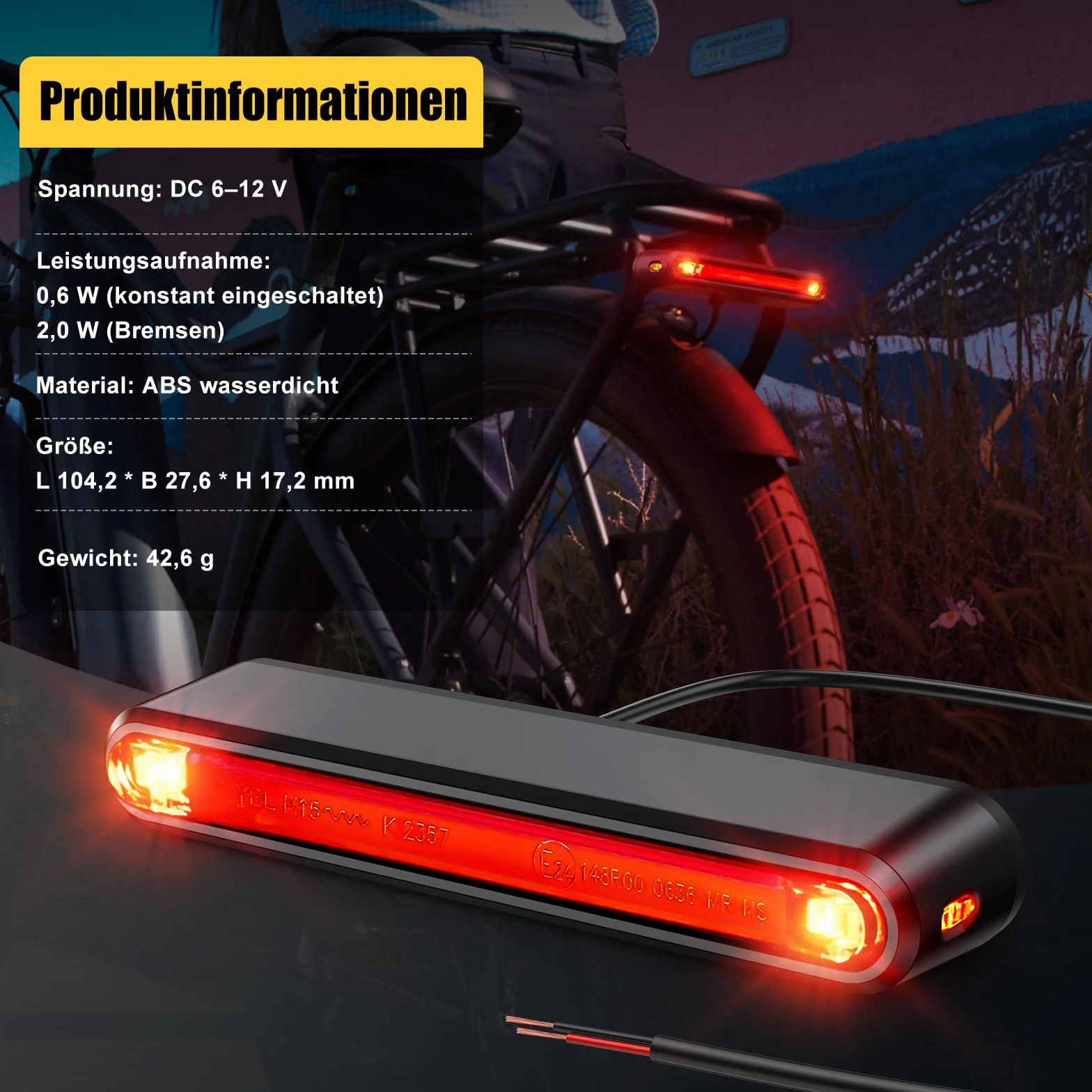 Ebike Feu arrière LED 6-12 V avec feu de freinage, homologué StVZO pour vélo électrique, étanche IPX5, avec câble, sûr et fiable