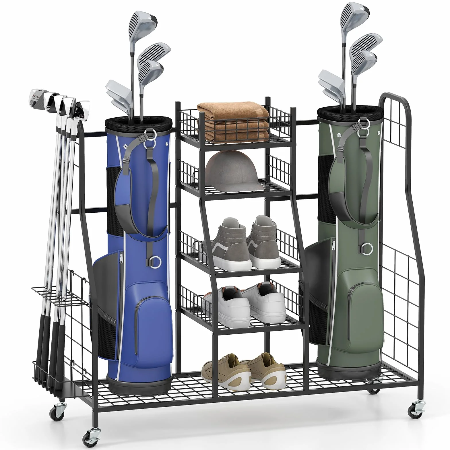 GYMAX Organisateur de Golf, Chariot Métallique pour Rangement de Sacs, Clubs, Chaussures, Balles, Accessoires, 4 roulettes Universelles, Convient pour Garage, sous-Sol, Club