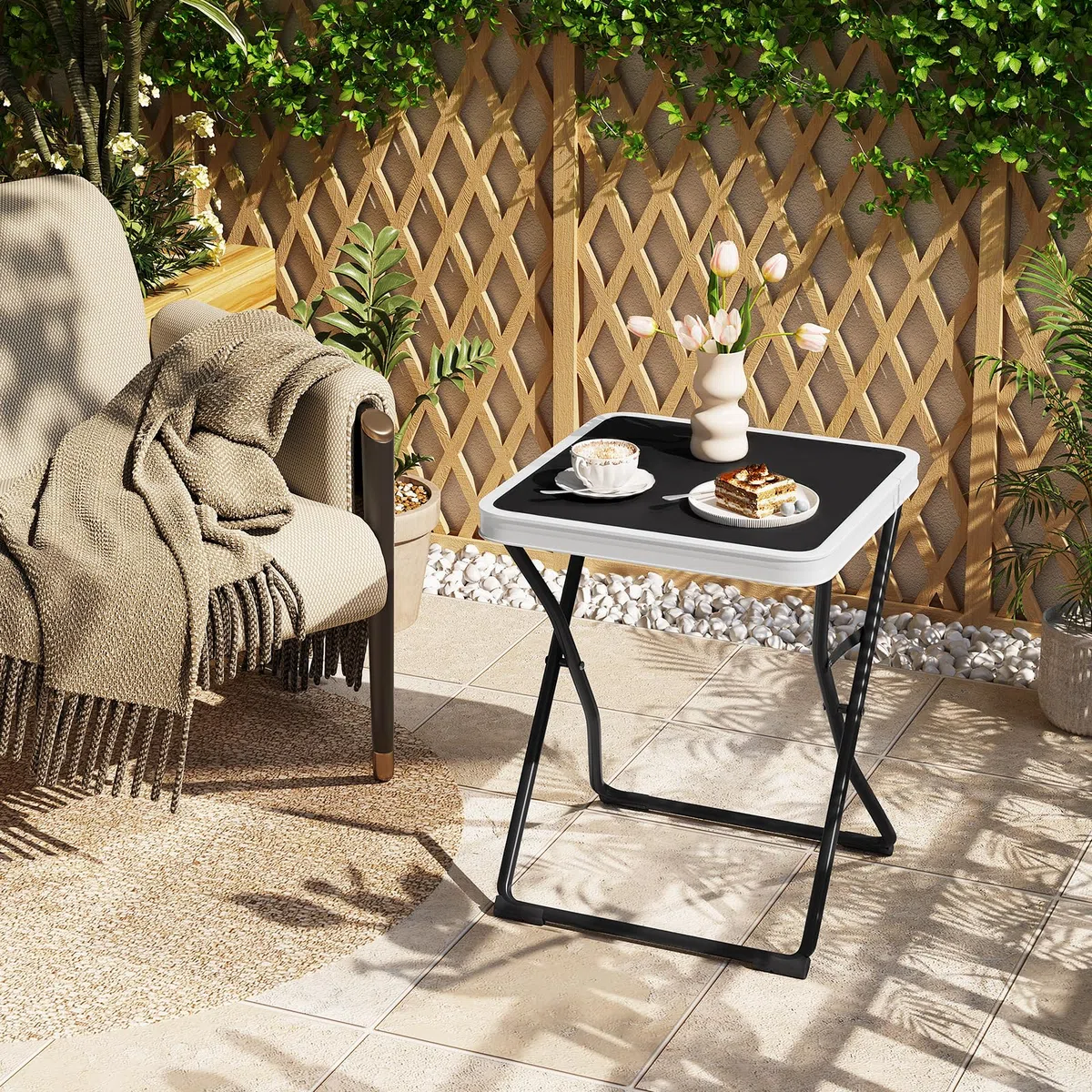 eSituro Table Pliante 2 en 1 d'Appoint avec Plateau Amovible, Tabouret Portable pour Camping Extérieur, 40,5x40,5x50cm, Noir