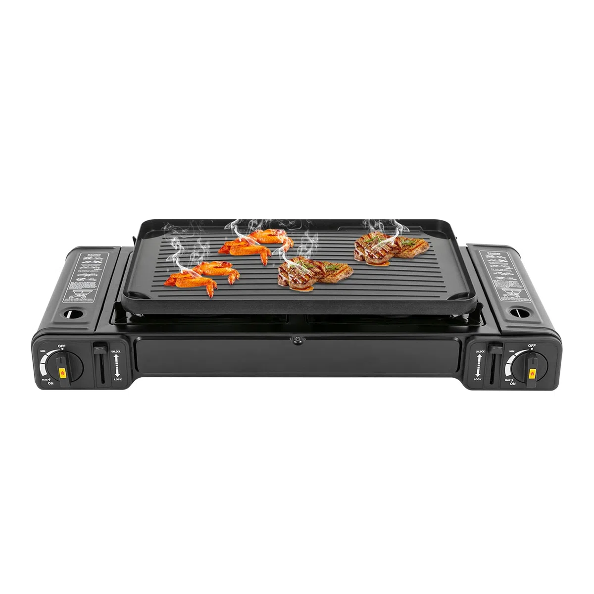 Réchaud à gaz portable d'extérieur à 2 feux avec plaque de cuisson | 50 % d'efficacité thermique et plaque de cuisson lavable au lave-vaisselle (43,5 x 25 cm) pour camping/balcon avec soupape de