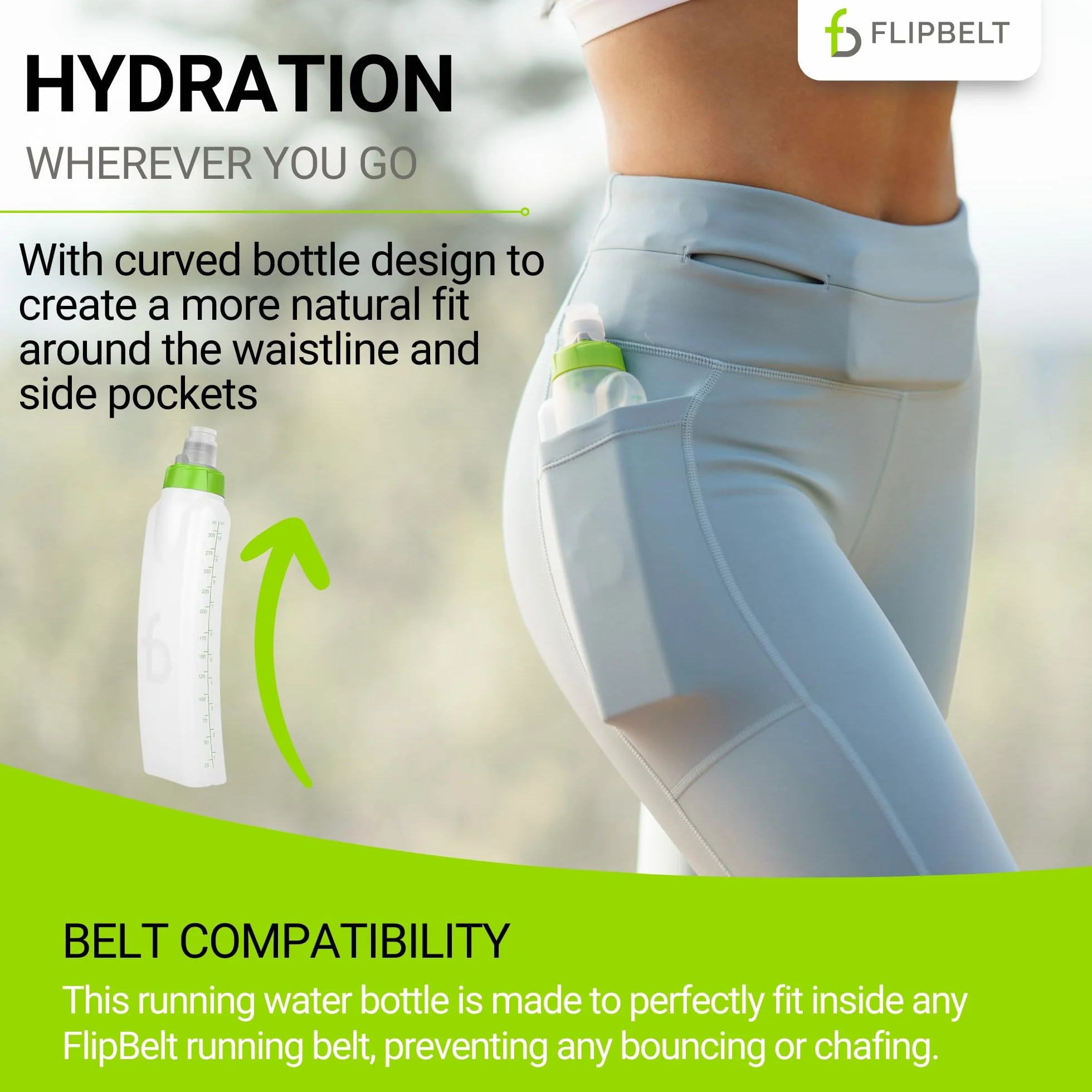 FlipBelt Arc Ceinture de course pour bouteille d'eau, bouteille d'hydratation incurvée, 38 ml, vert