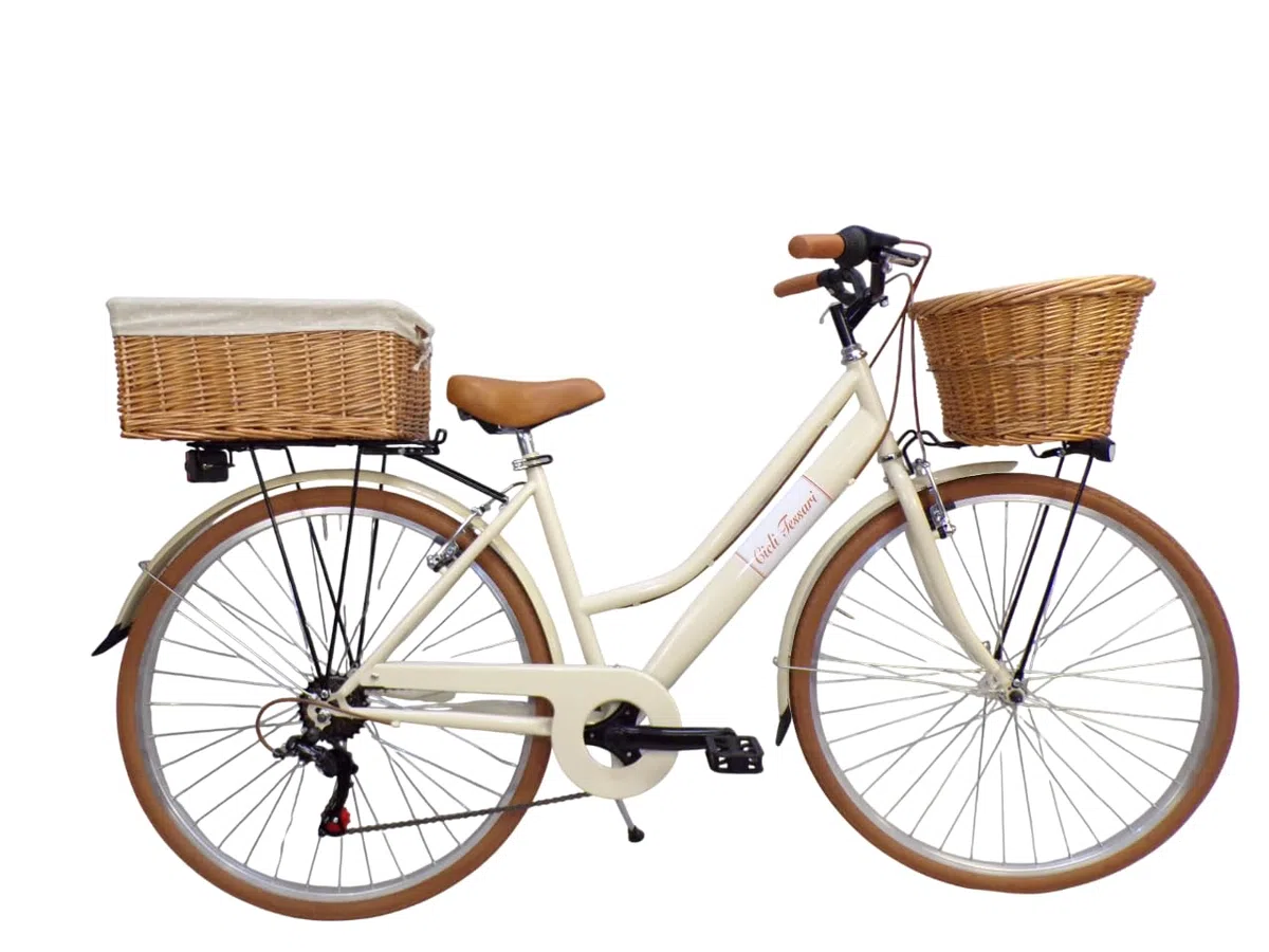 Vélo de ville pour femme de 28" avec dérailleur vintage rétro avec panier en osier avant et arrière