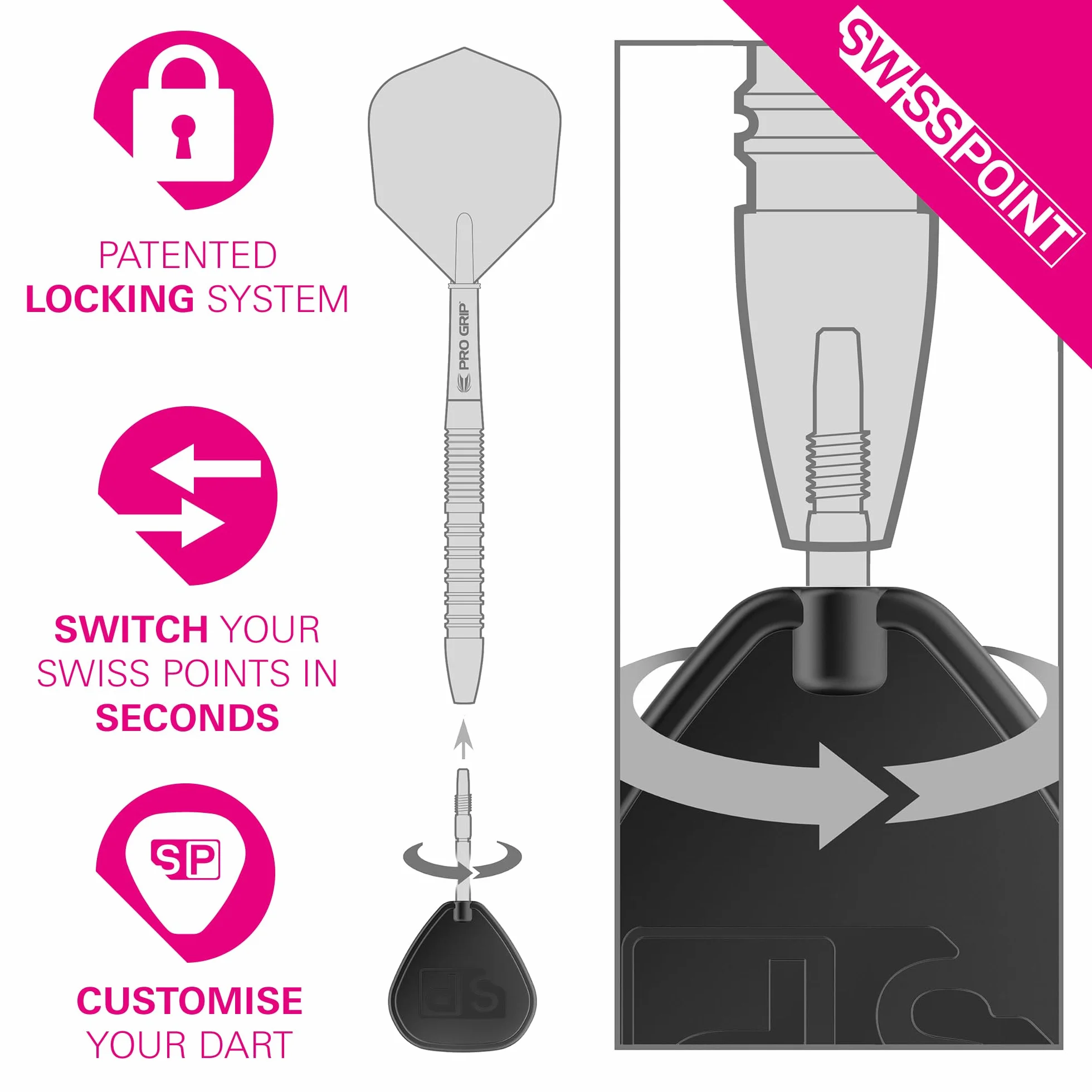 Target Darts Signature Swiss Point TRB | Lot de 3 Eembouts | 30MM/35MM/42MM – Or/Argent/Noir | Changement Fléchettes Pointes, Swiss Point Technologie, Professionnels Fléchettes Accessoires