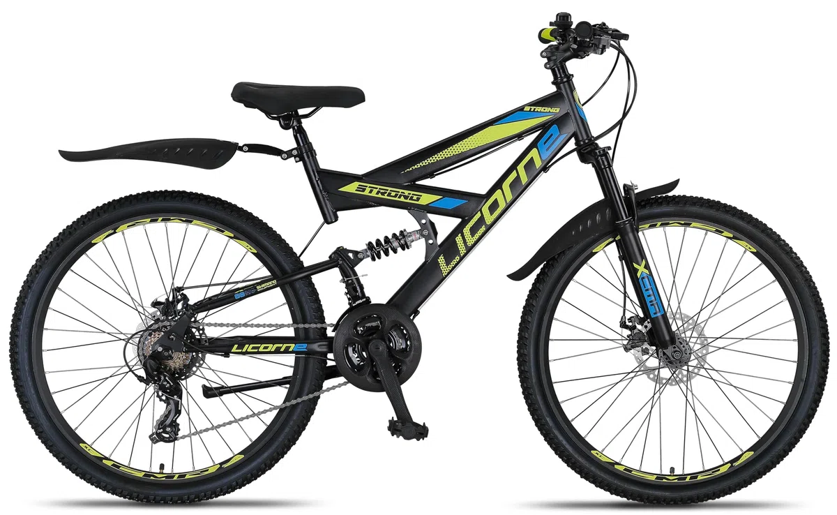Licorne Bike Strong 2D Premium VTT 26", 27,5" et 29" - Vélo pour garçon, fille, femme et homme - Frein à disque avant et arrière - Dérailleur 21 vitesses - Suspension complète