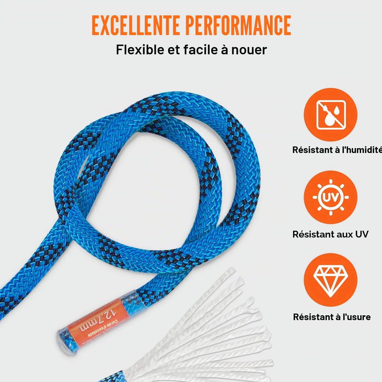 VEVOR Corde d'escalade Statique 12,7 mm 60,96 m 32 KN, Corde de Sécurité Extérieure, Bleu