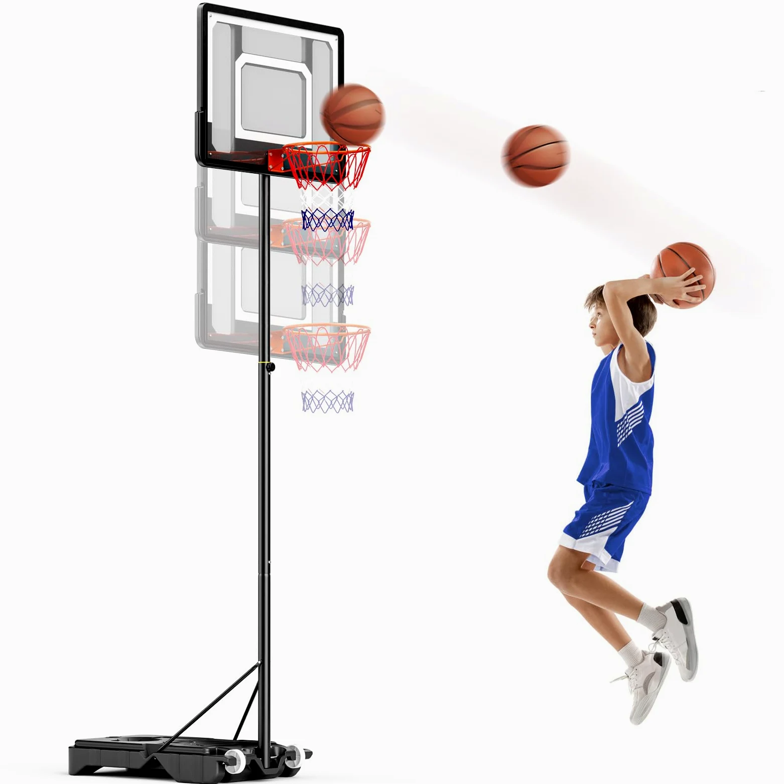 Panier de basket avec roues, hauteur réglable de 154 à 210 cm, support de basket-ball avec 2 filets de basket-ball solides, utilisation dans les cours, les jardins et les garages