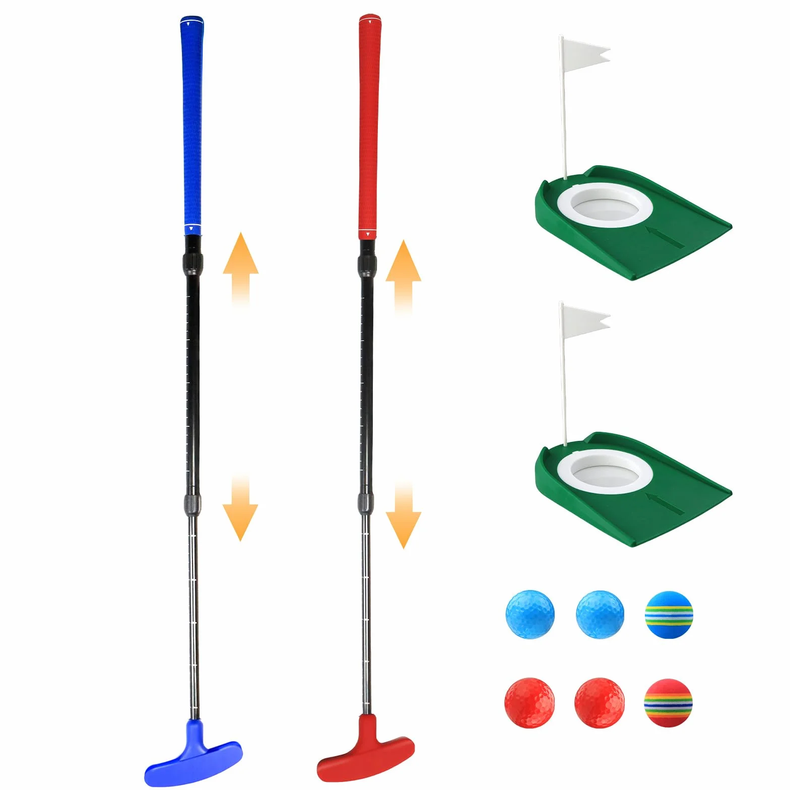 Ensemble de putter rouge et bleu pour enfants, ensemble de putter de golf réglable, ensemble de mini golf bidirectionnel, convient pour les gauchers et les droitiers, convient pour les jeunes golfeurs