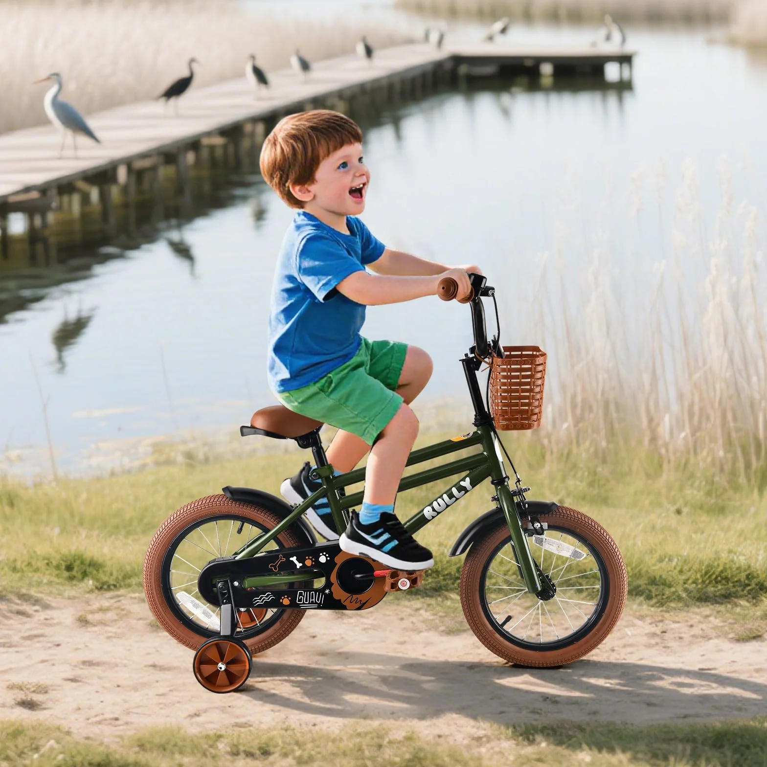 RULLY Vélo enfant 12-16 pouces avec roues stabilisatrices frein à rétropédalage frein à main panier