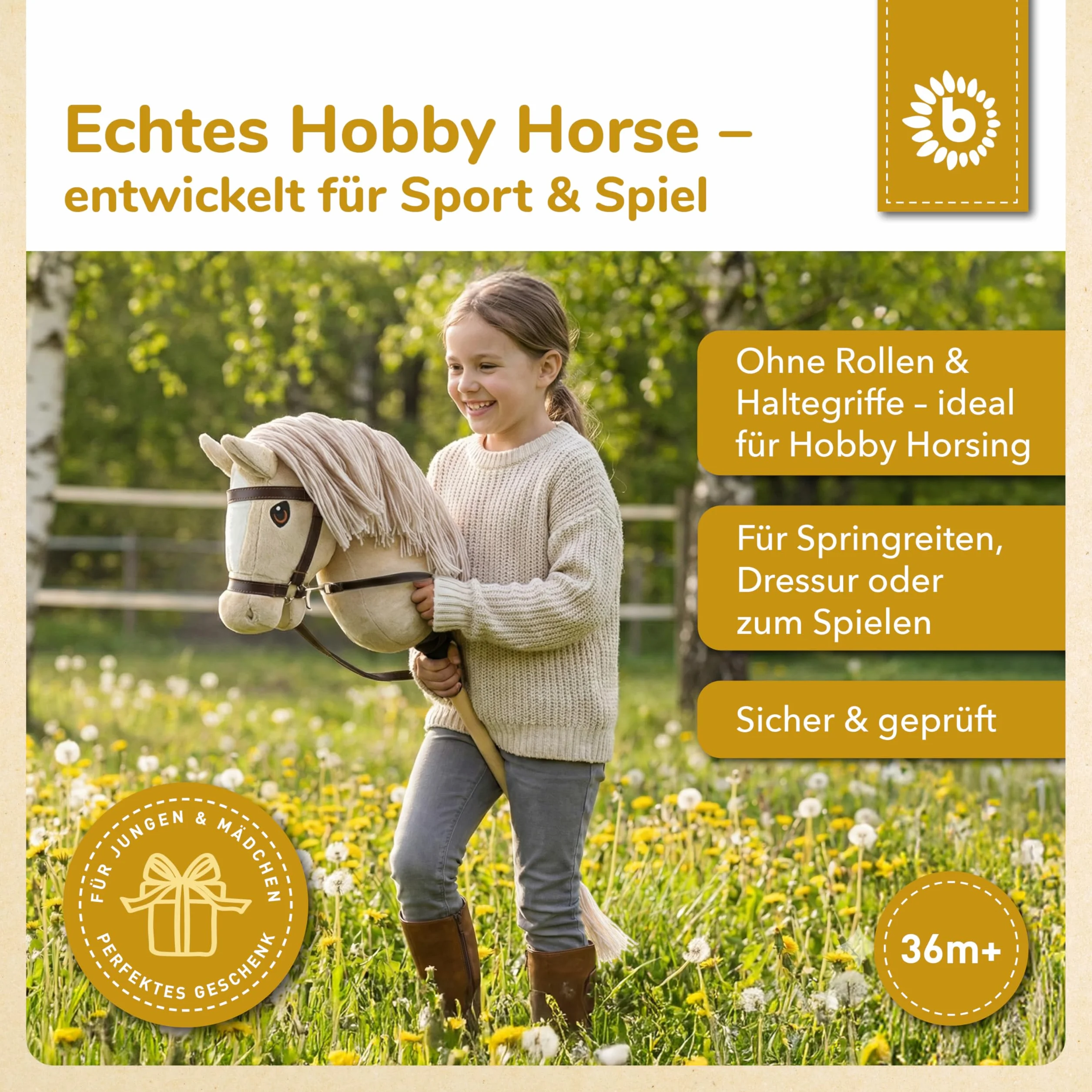 Bieco Hobby Horse Cheval de bataille M avec mors | Bâton et queue amovibles pour saut d'obstacles, dressage et jeu | Chevaux Hobby Horse Beige