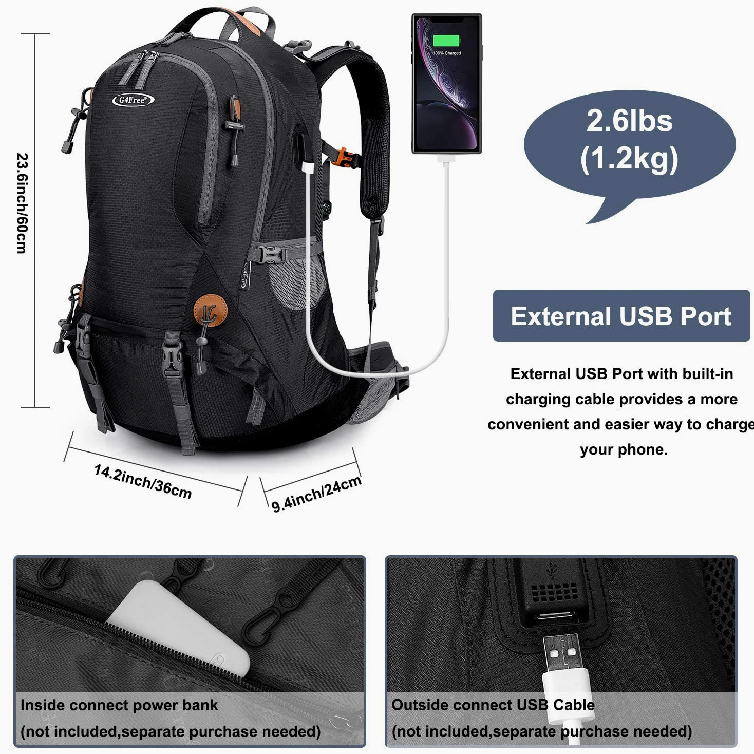 G4Free Sac à dos de randonnée imperméable de 50 l avec housse de pluie pour alpinisme, voyage, camping, trekking, sports de plein air pour homme et femme