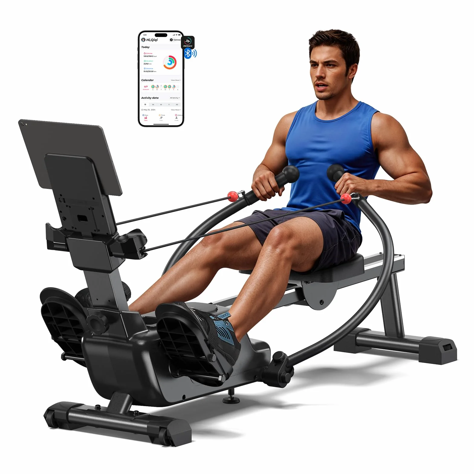 MERACH Rameur de Musculation pour Appartement, Système de Double Rame Amélioré avec Plusieurs Modes d'entraînement, Entraînement Complet du Corps avec MERACH-APP, 1000+ Parcours de Champions