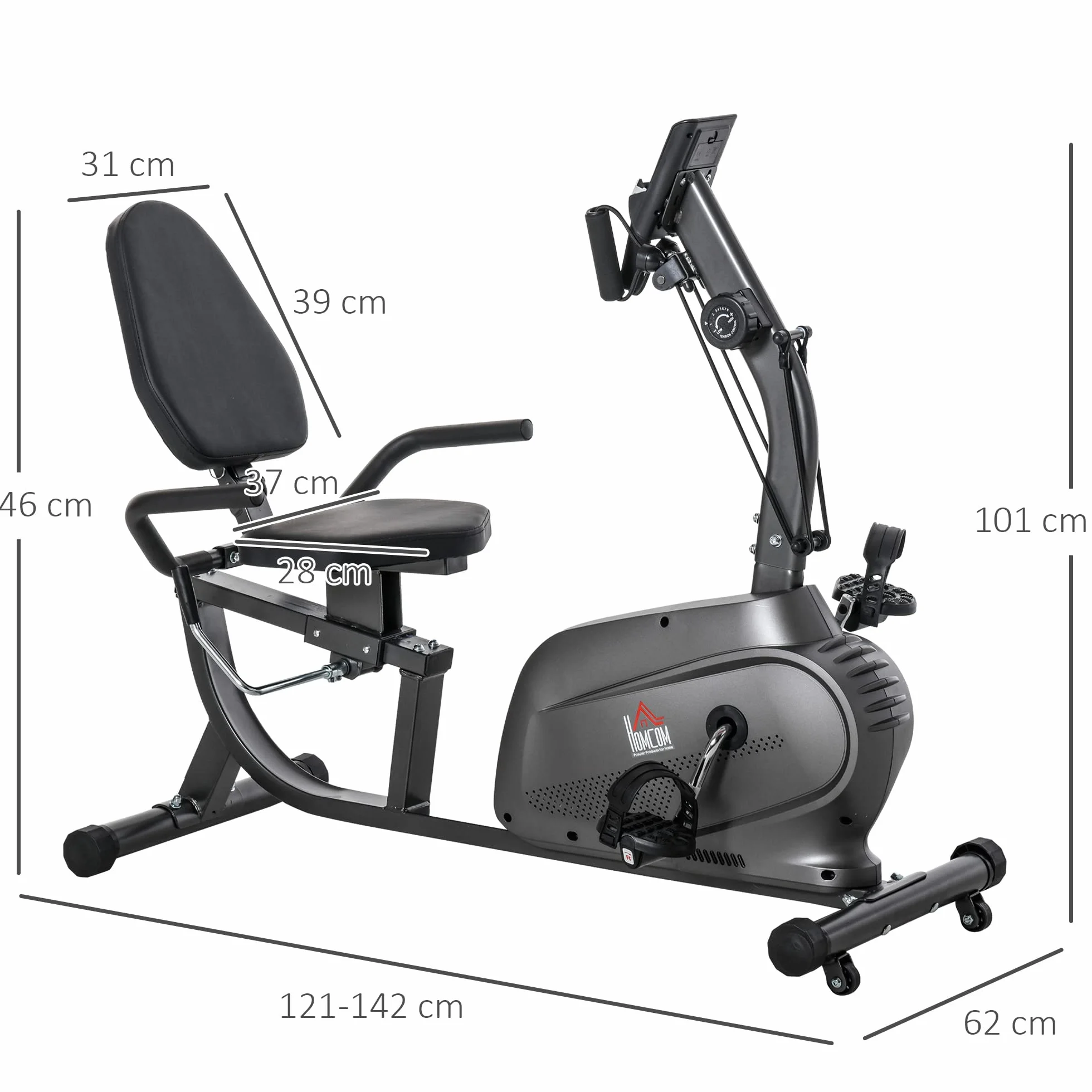 HOMCOM Vélo d'Appartement Semi-Allongé Magnétique Silencieux pour Rééducation Seniors, Noir