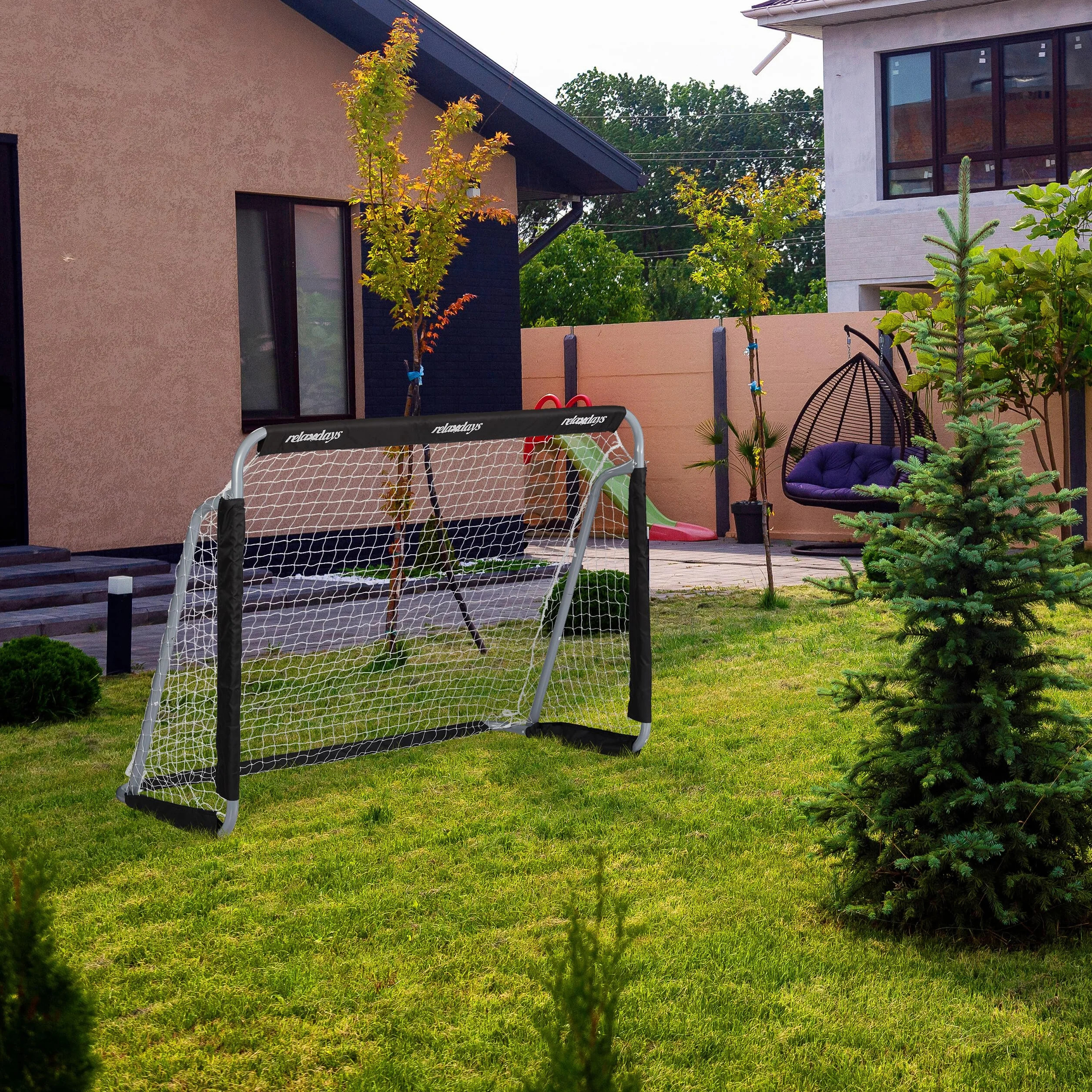 Relaxdays But de football 110x150x75cm gris/noir avec filet pour jardin