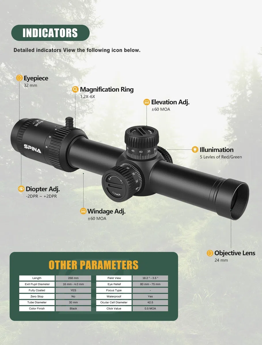 SPINA OPTICS Lunette de Visée 1.2-6x24 IR avec Reticule Lumineux, Lunettes de Tir Premier Plan Focal Applicable à la Chasse/Airsoft