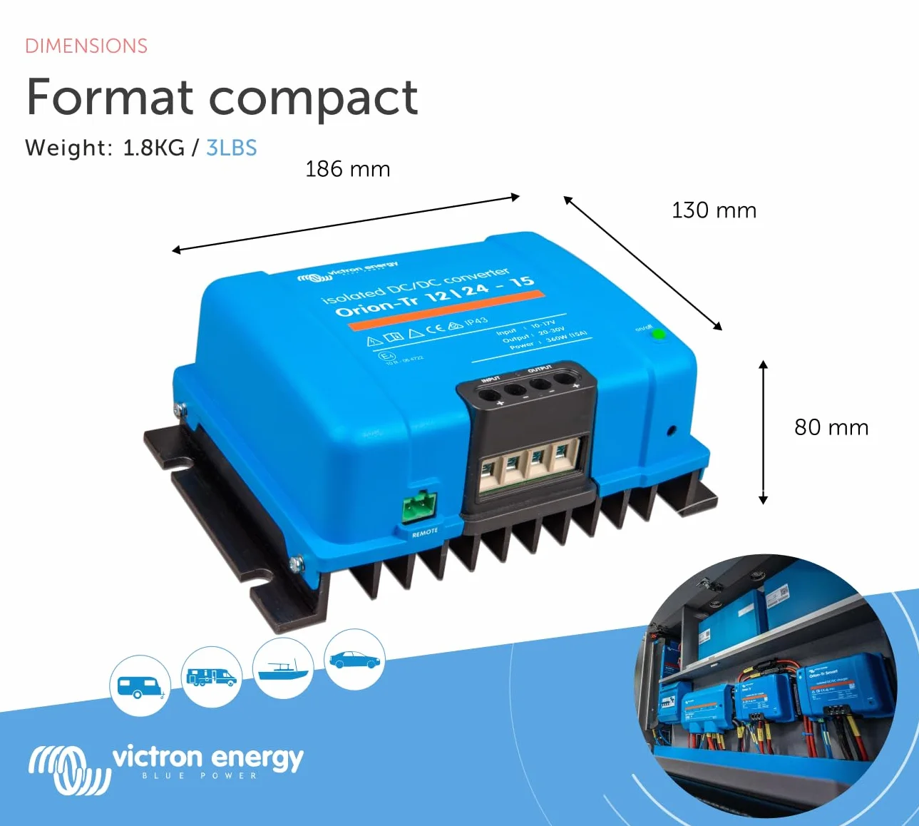 Victron Energy Orion TR IP43 12/24 V 15 A 360 W Convertisseur CC-CC, Isolé