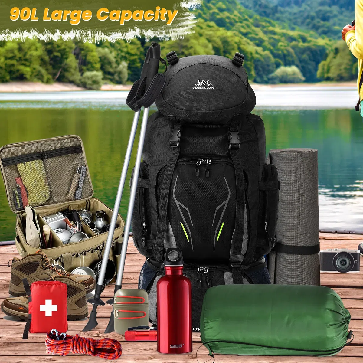 90L Sac à Dos de Randonnée, Sac à Dos Trekking pour Homme et Femme Camping Sac à Dos Léger et Imperméable Sac à Dos Grande Capacité Multifonction pour Escalade Trekking Camping (Noir)