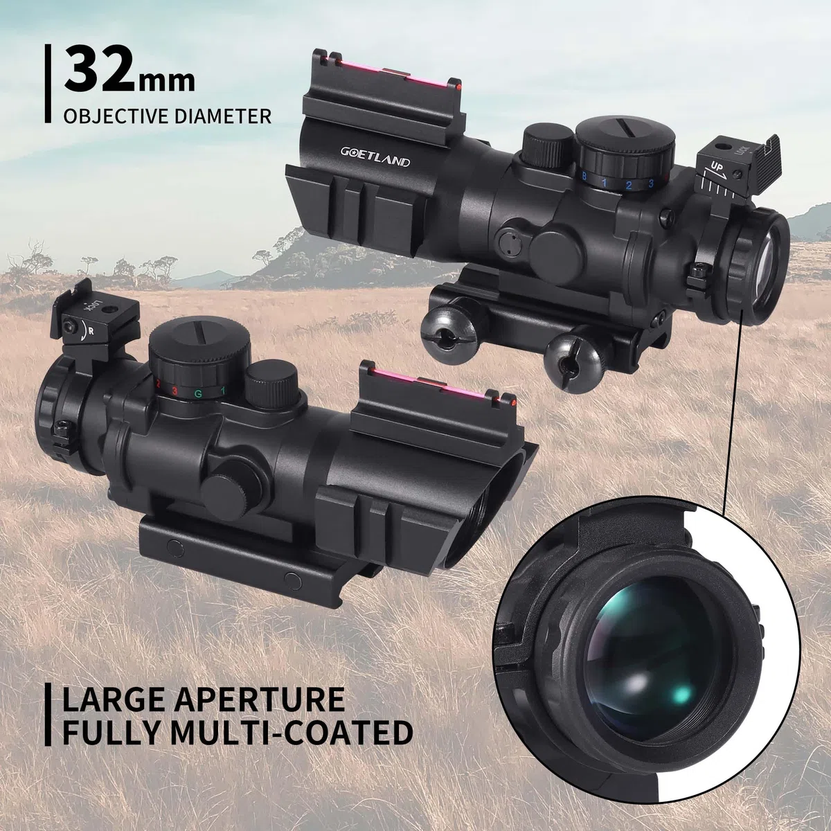 Goetland Lunettes de Visée à Prisme 4x32 Visée Sight Reflex Optic BDC SFP avec Mounture de 20 mm pour Tactique Chasse Airsoft Arbalète Carbine Tir Sportif