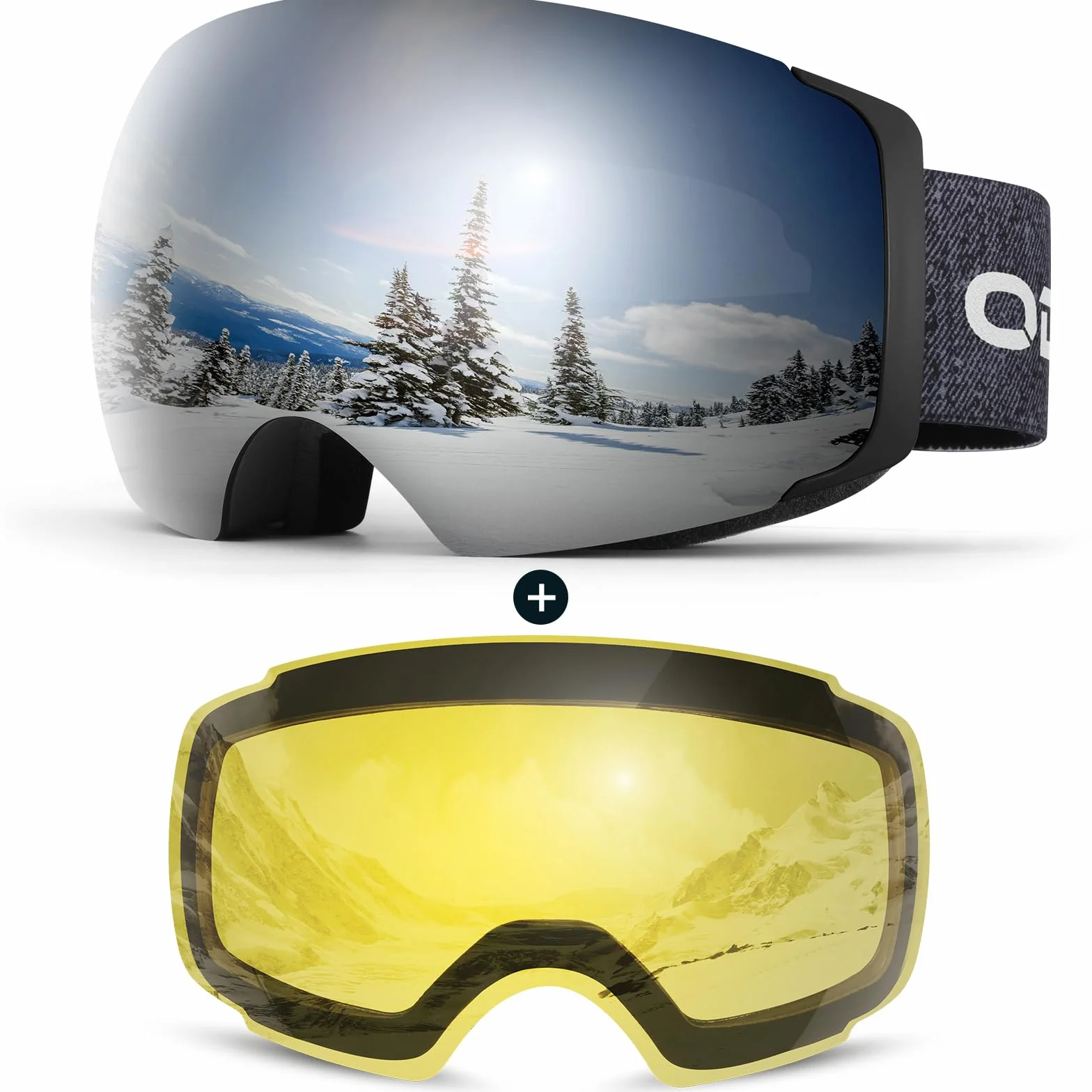Odoland Kit de Lunettes de Ski Magnetique, avec Lentille Détachable, Masque de Snowboard Hommes et Femmes, Anti-UV400, Anti-Buée, Coupe-Vent, Lunettes de Protection Sphérique