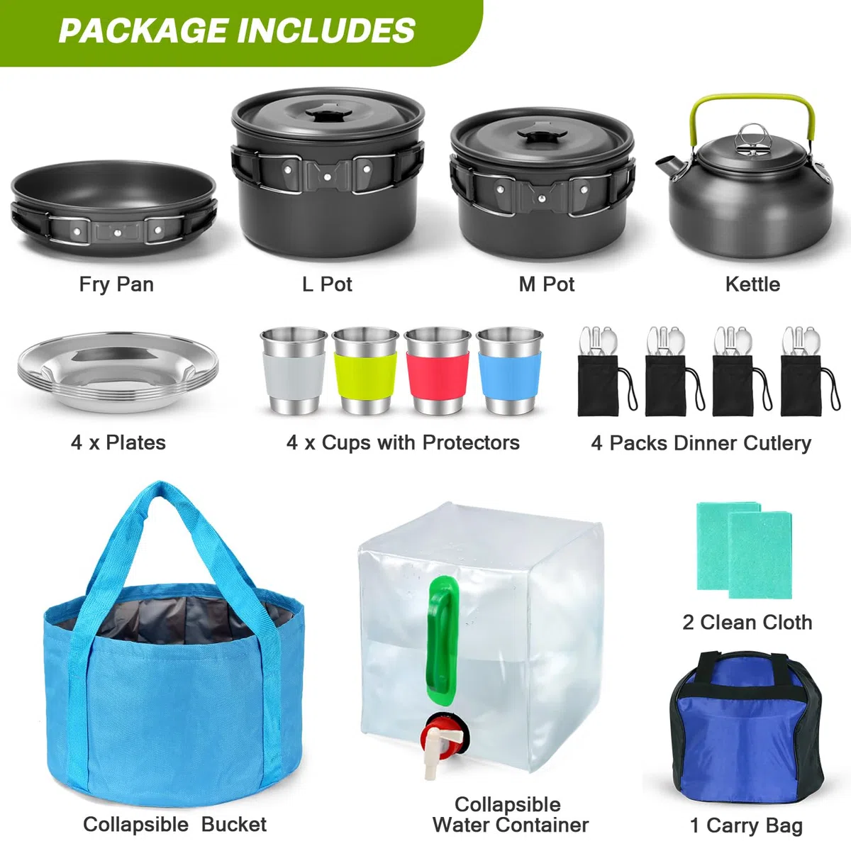 Odoland Multi-PCS Kit de Casseroles Camping, Cookware Kit Durable et Compact avec réservoir d'eau Pliable 12L et Seau, Bouilloire et Tasses en Acier Inoxydable pour Randonnée/Outdoor/Pique-Nique