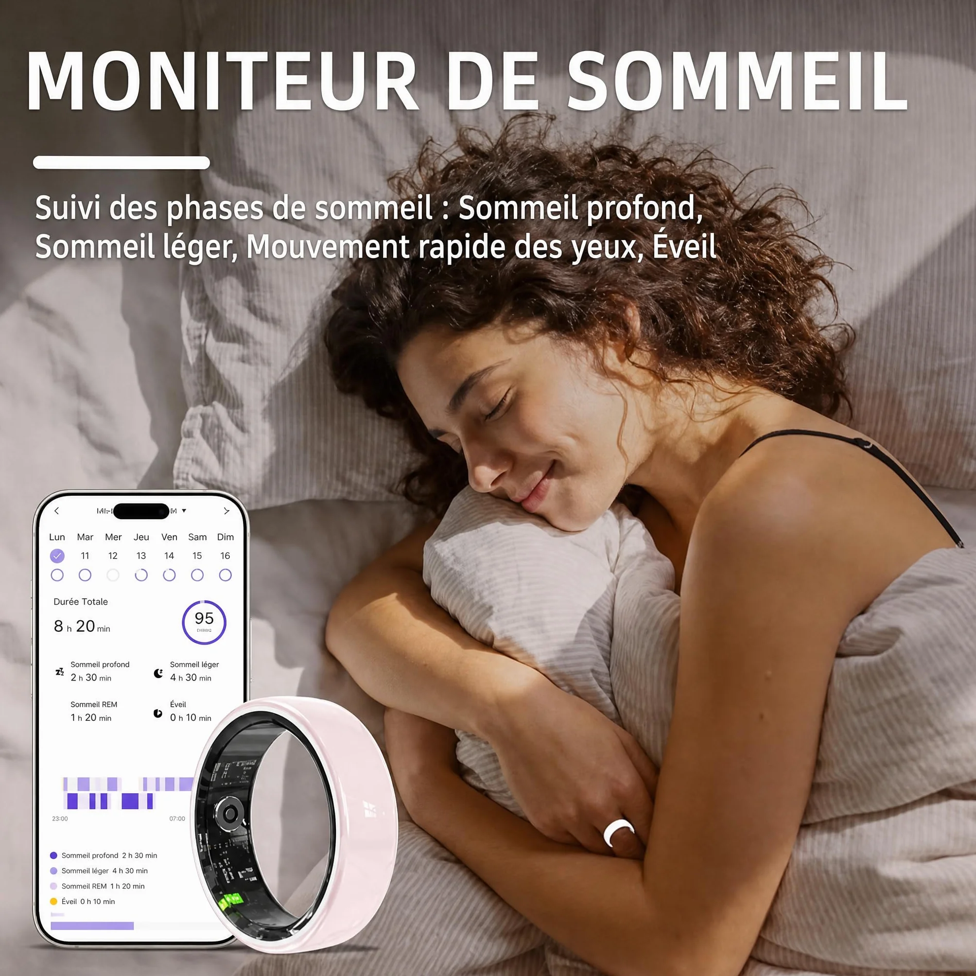 Bague Connectée Femme en Céramique – Suivi du Sommeil, Fréquence Cardiaque, Multi-Sports, Étanche 5ATM
