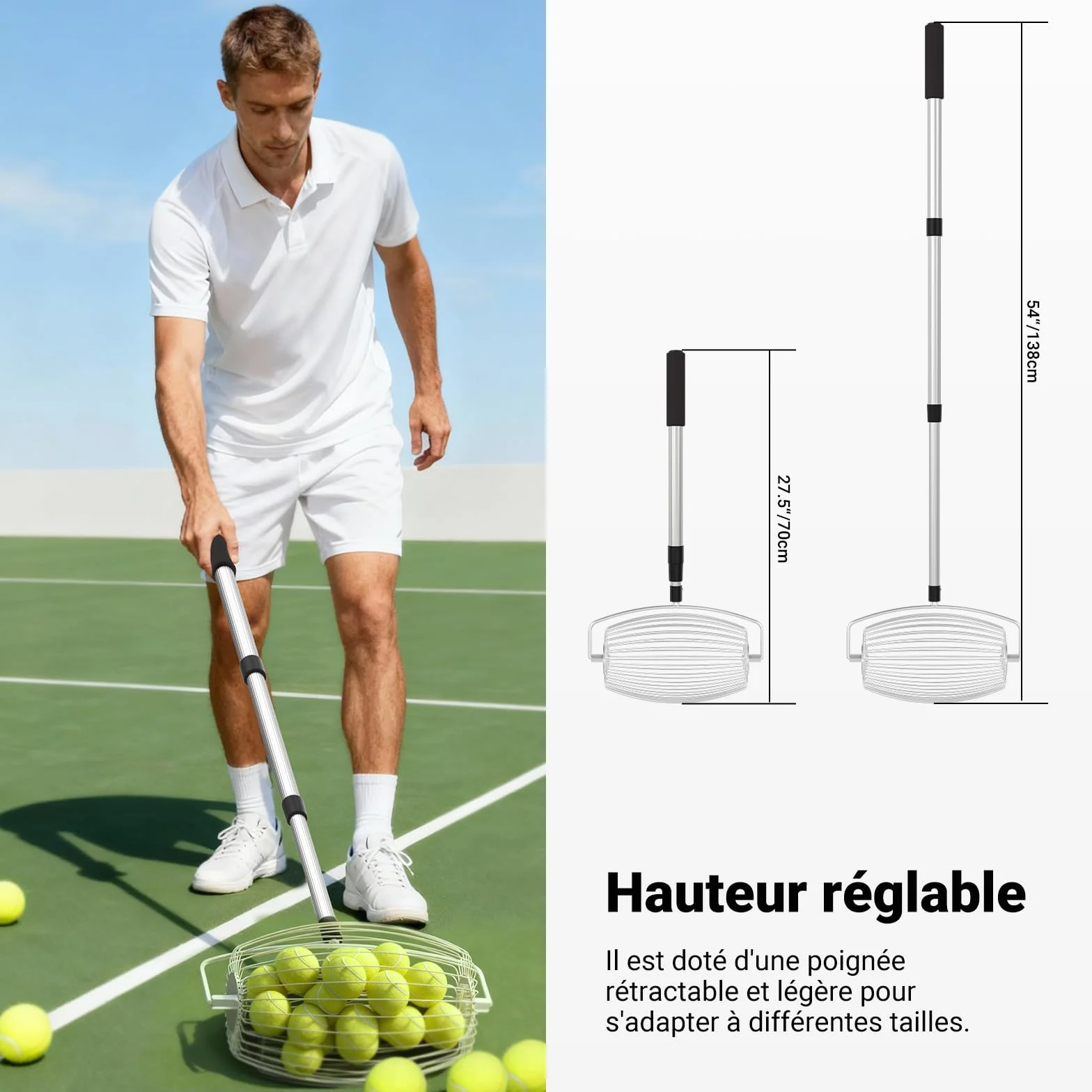 NEEWER BASICS Ramasseur de Balle de Tennis à Trémie Supérieure TB04S 70-138cm Télescopique pour 20 Balles