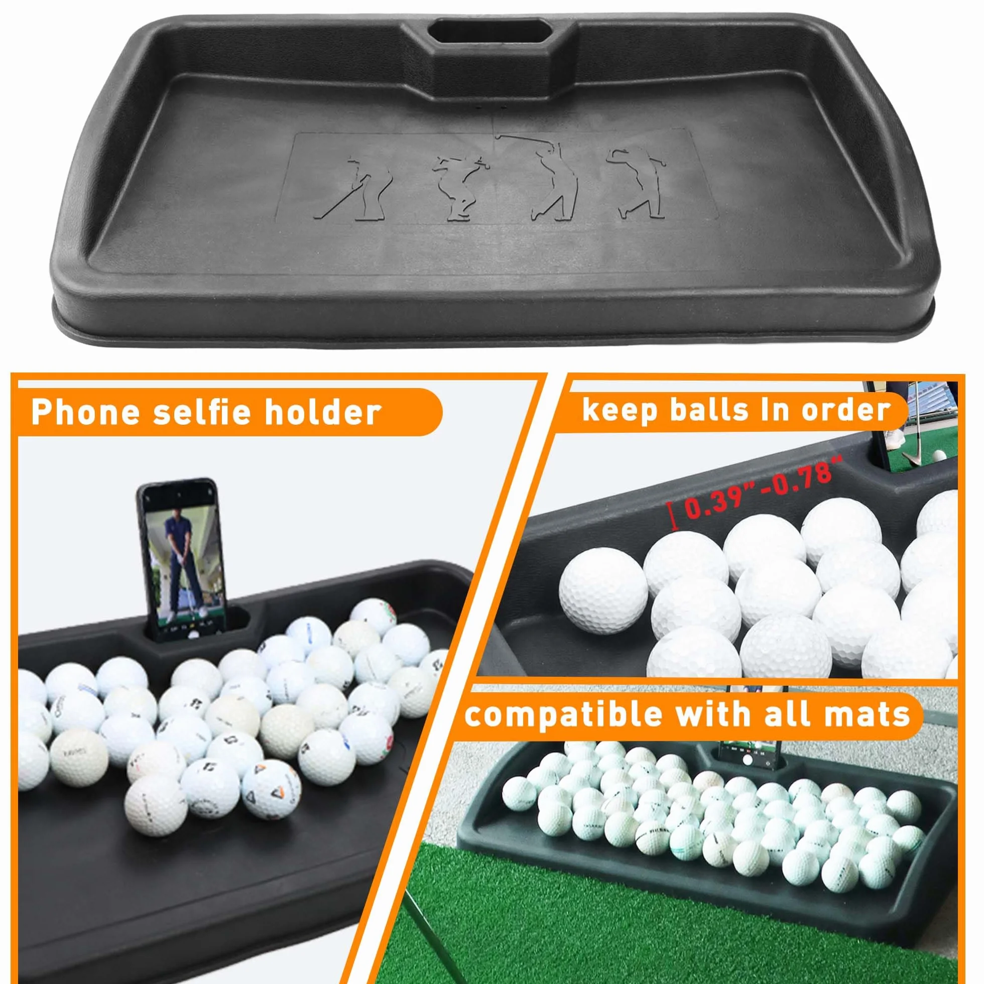 Plateau de balle de golf en caoutchouc robuste – avec support pour téléphone portable – Capacité de 100 balles – Plateau à haut impact compatible avec tous les tapis de frappe