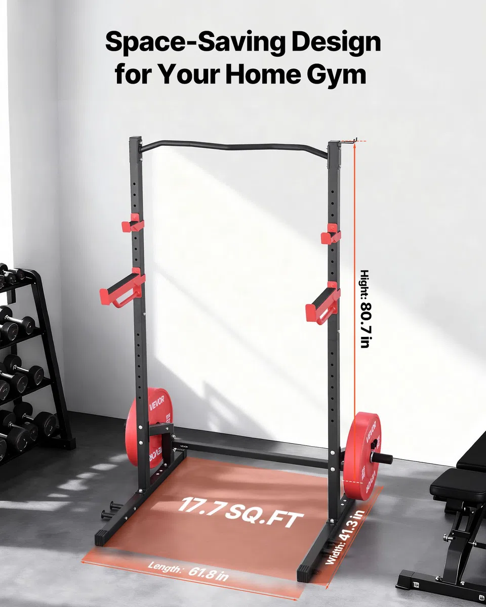 VEVOR Cage de Musculation Multifonctionnelle, Rack à Squats avec Crochets en J Réglables, Station de Musculation pour Squats Développés Couchés Tractions Gym et Domicile, avec Barres de Sécurité