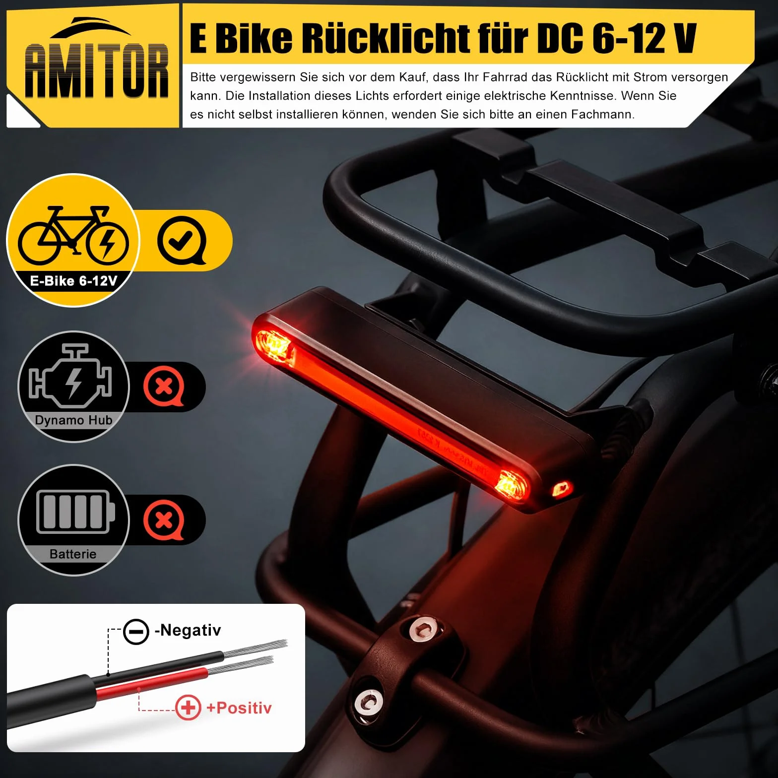 Ebike Feu arrière LED 6-12 V avec feu de freinage, homologué StVZO pour vélo électrique, étanche IPX5, avec câble, sûr et fiable