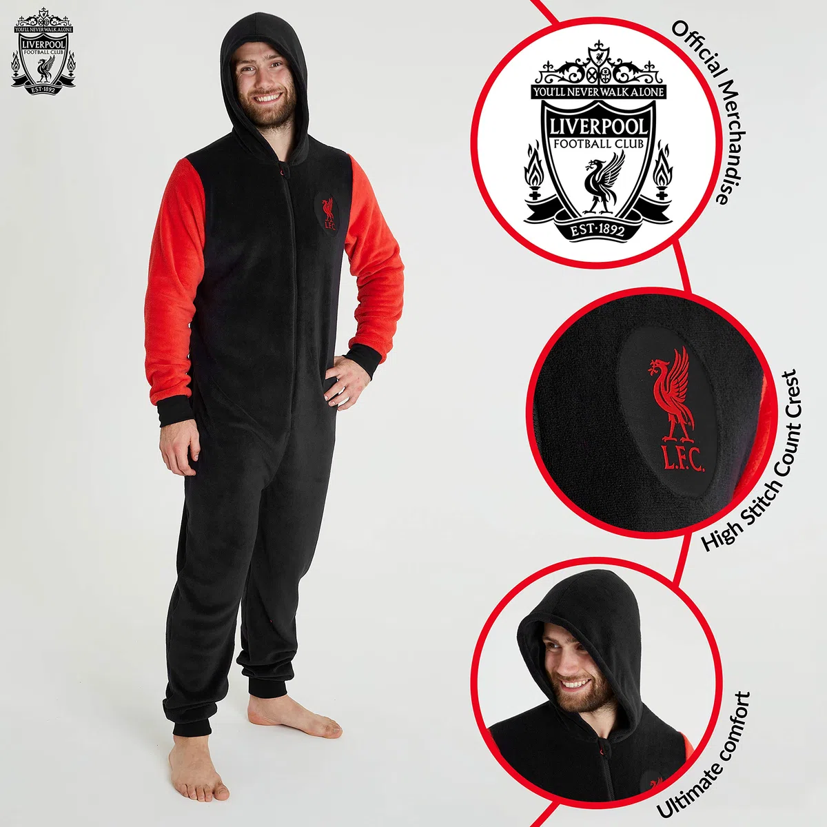 Liverpool F.C. Combinaison Pyjama Homme - Grenouillère Adulte en Polaire Douce avec Capuche Taille S, M, L, XL, 2XL et 3XL - Liverpool Football Club Officiel