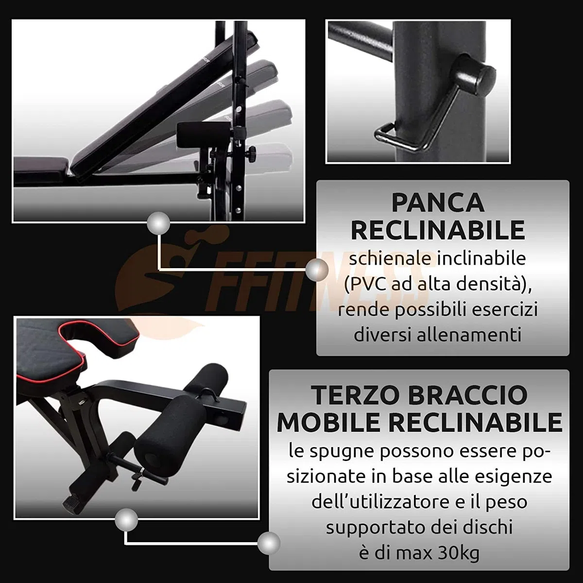 FFitness Banc multifonction pour salle de sport avec barre de 180 cm, banc de musculation réglable, station de remise en forme avec barre droite