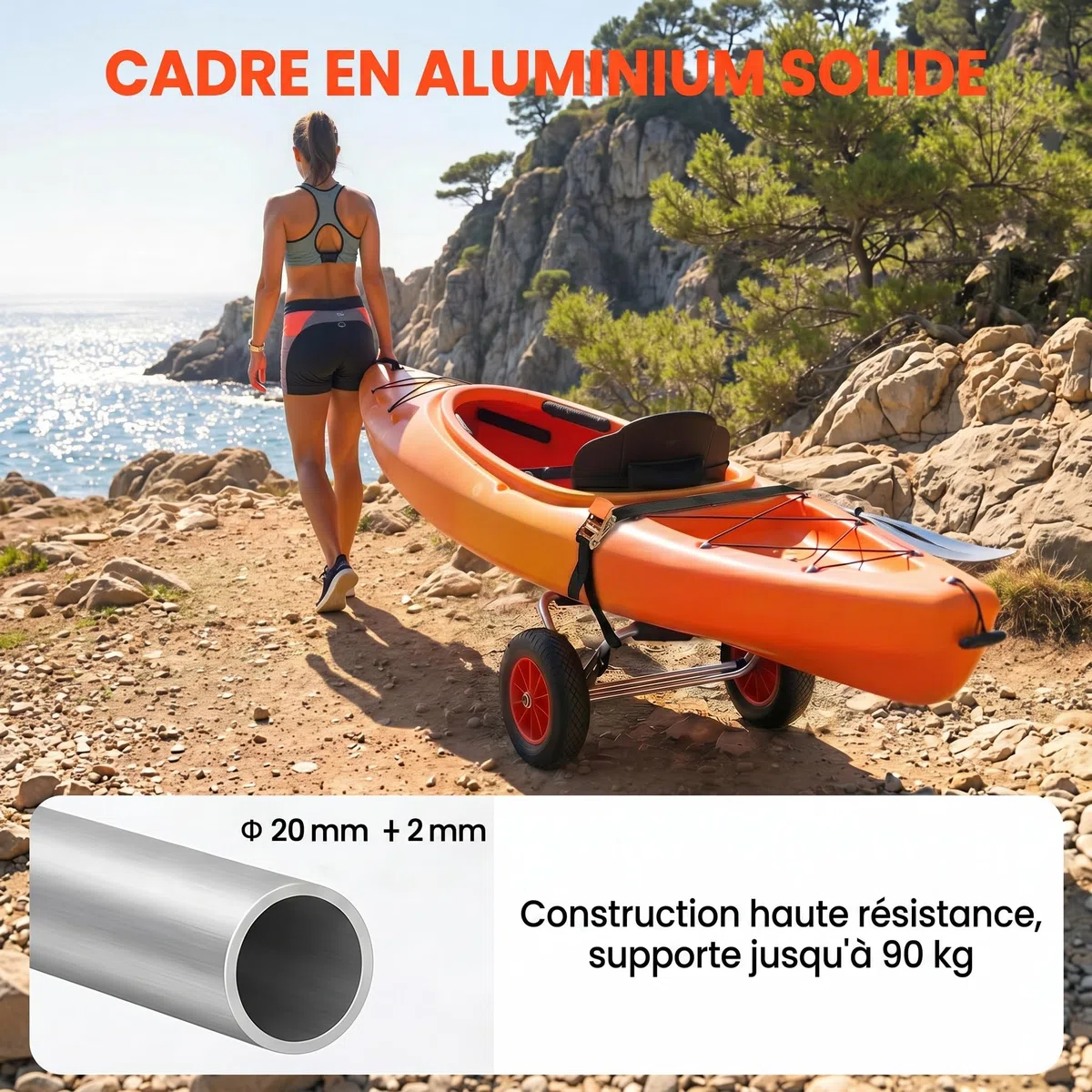 HOMCOM Chariot de transport trolley pour kayak, stand-up paddle, canoë avec sangle, grandes roues et cadre en aluminium dim. 70L x 40L x 42H cm noir et rouge