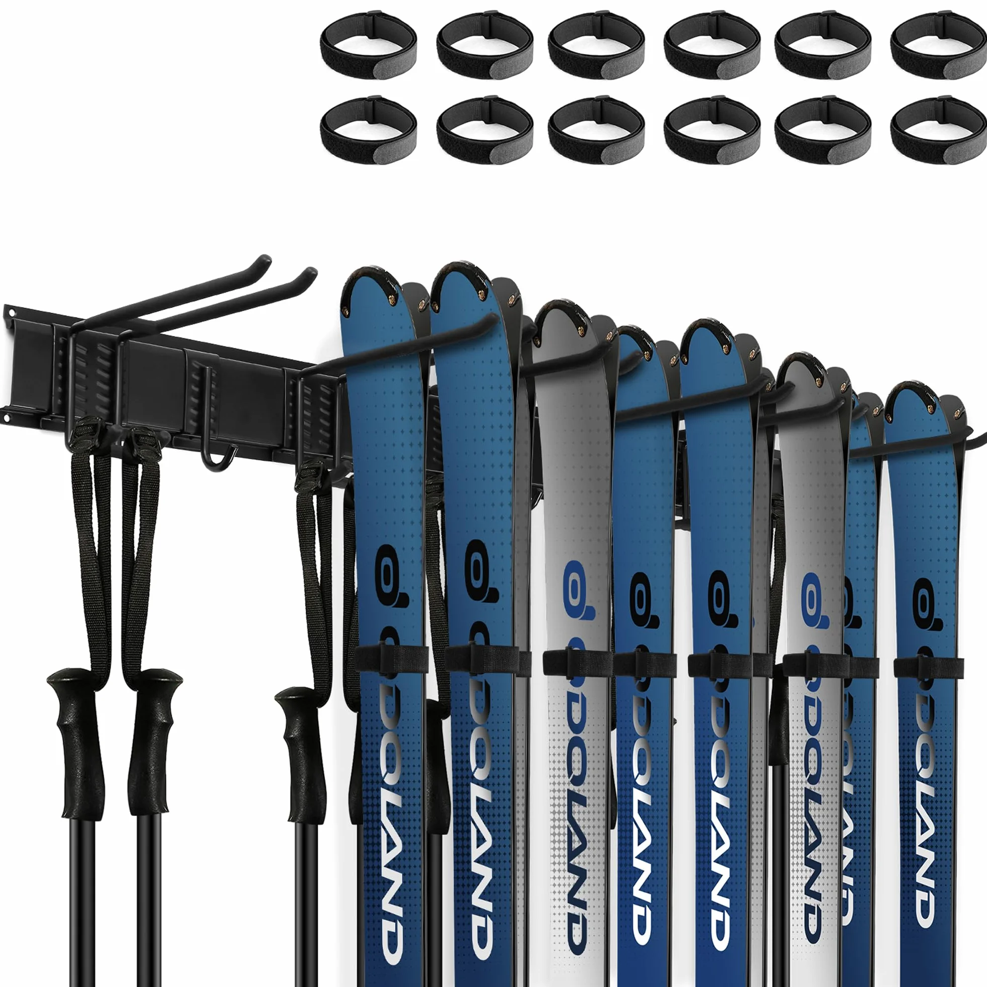 Odoland Kit de Support de Rangement à Skis pour 6-4 Paires Snowboards, Crochets, Sangles Velcro, Jusqu'à 300 LBS