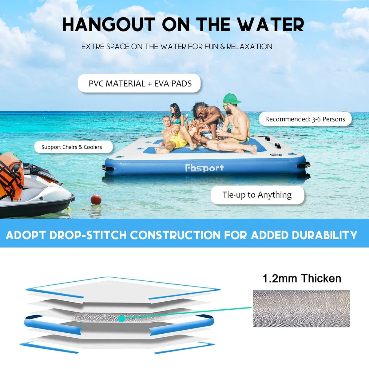 FBSPORT Plateforme Gonflable Flottante - Tapis d’Eau pour Plusieurs Personnes, Île Flottante avec Surface Antidérapante et Sac de Transport, Plateforme de Bain pour Mer, Piscine et Lac
