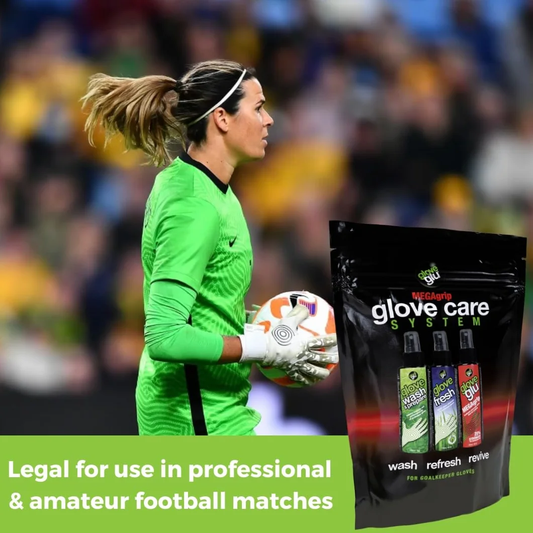 gloveglu MEGAgrip Système d'entretien des gants, Ensemble de gardien de but en 3 étapes, Gloveglu MEGAgrip, Lavage et préparation des gants, Glove Fresh, 3 x 120 ml de sprays pour gants