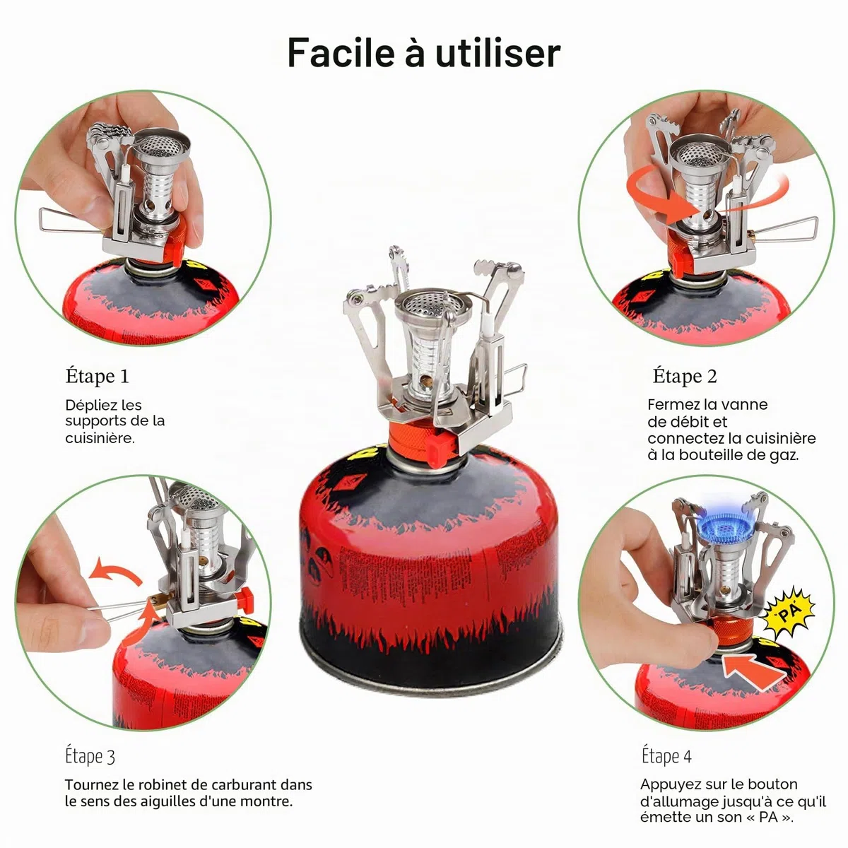Réchaud de Camping et Casserole - Cuisinière Portable de randonnée avec brûleur à gaz Propane et Butane pour Bouteille de gaz à allumage piezo