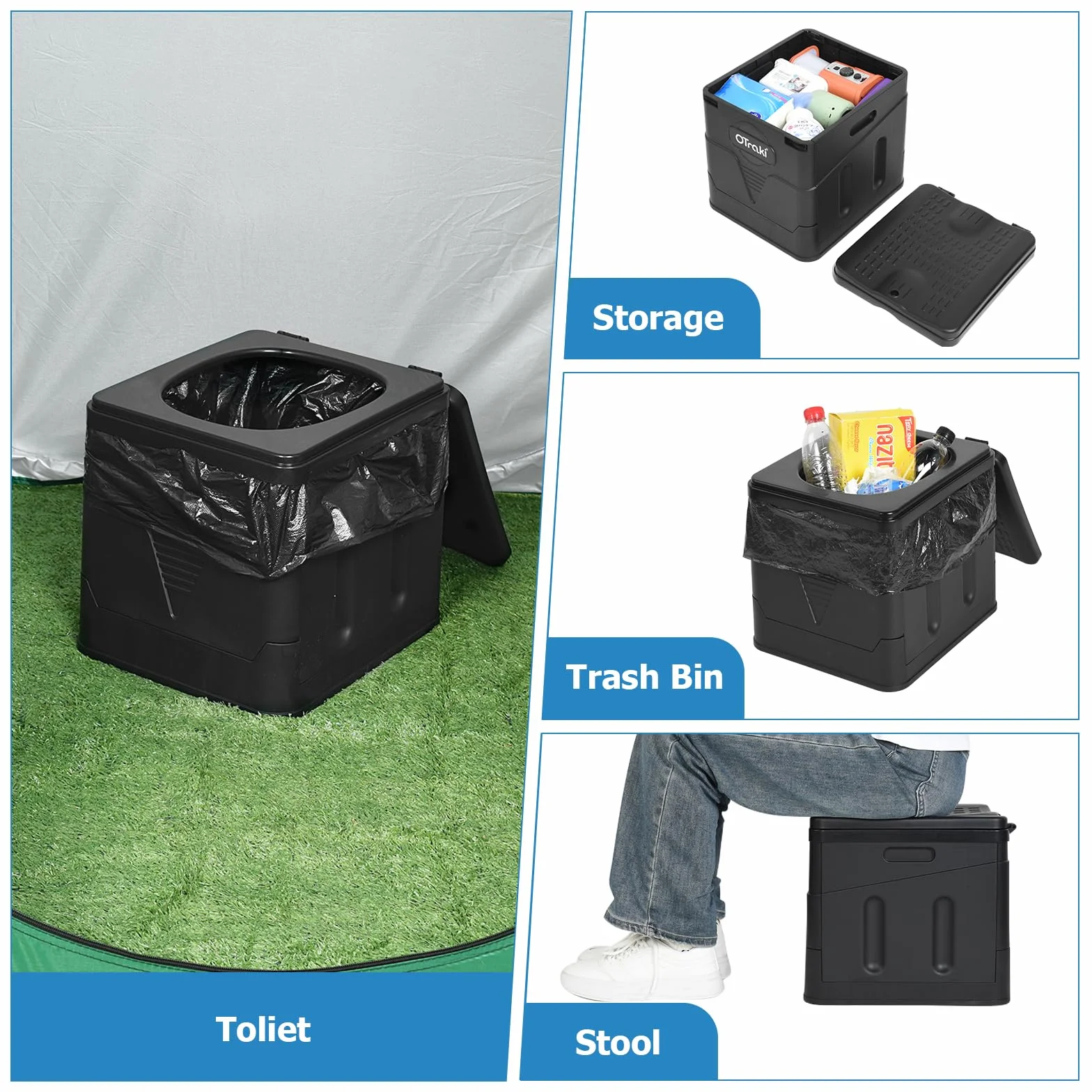 OTraki Toilette de Camping Portable Adulte Toilette Pliable avec Couvercle et 12 Sacs Poubelles Urinoir Unisexe Voiture WC Portable Pliante Seau Hygiénique pour Homme Femme Voyage Embouteillages