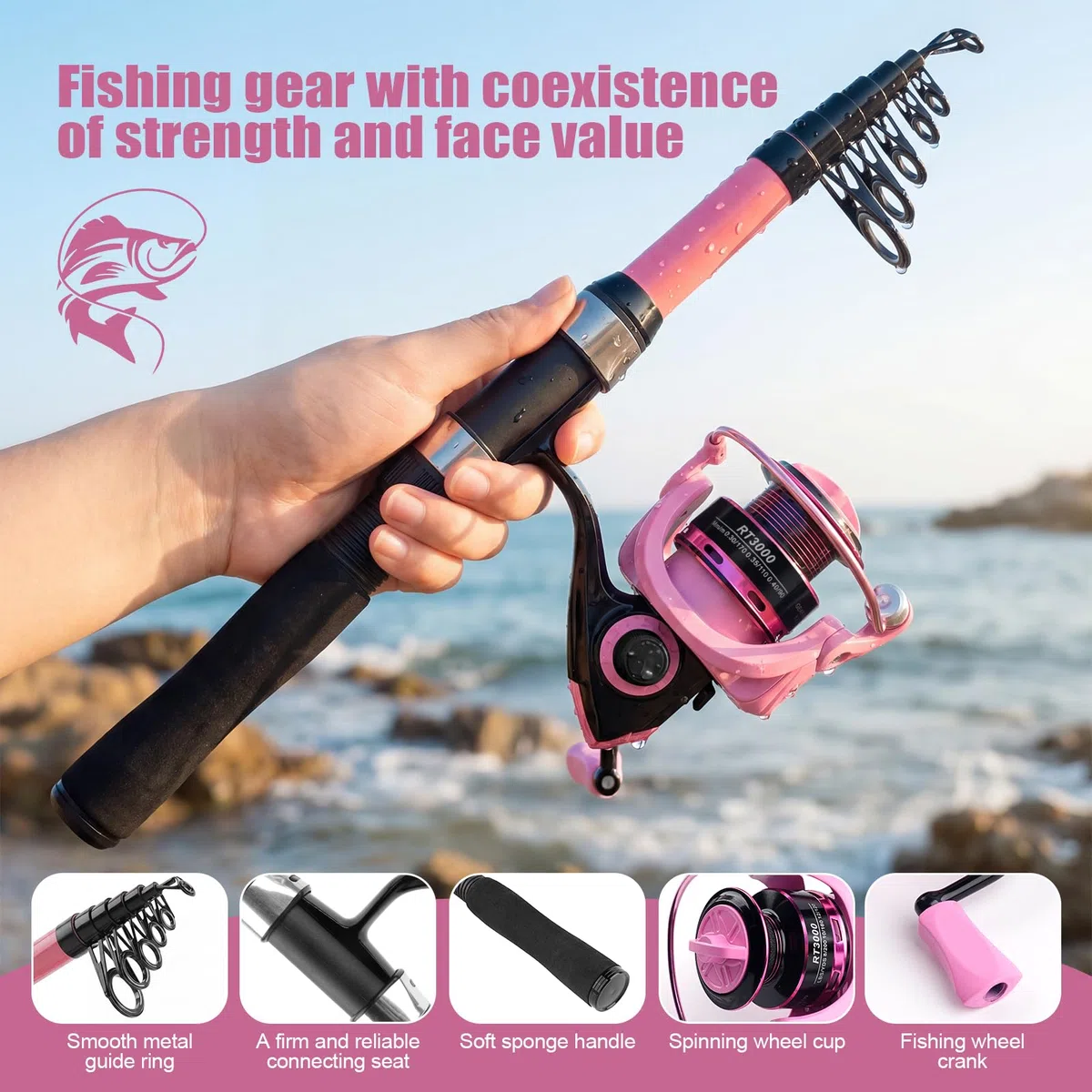 Lot de 2 cannes à pêche télescopiques de 2,1 m avec sac de transport, canne à lancer, 2 fils, appâts et proie, convient pour les débutants, cadeau de pêche pour hommes et femmes, eau salée et eau