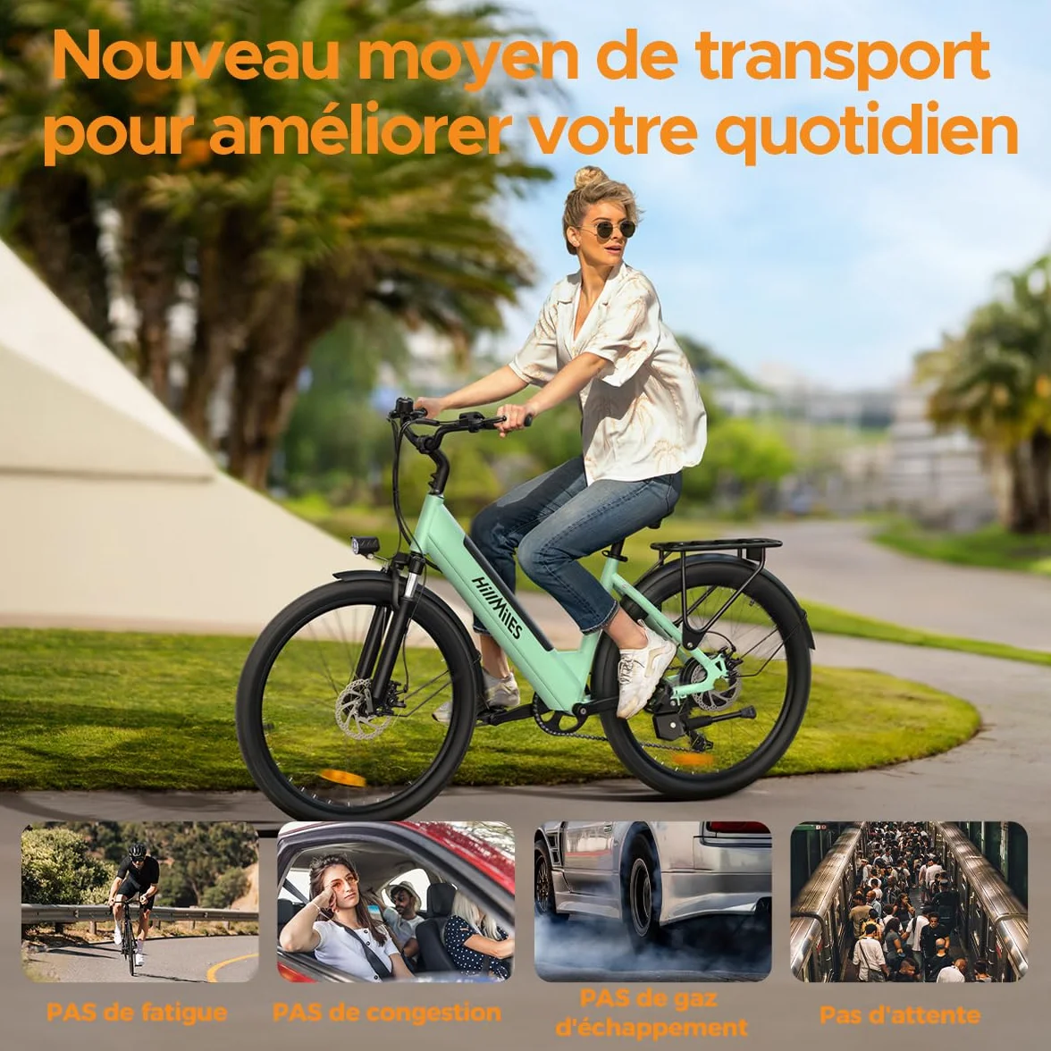 HillMiles Vélo Électrique Adulte 26", Batterie 36V 13Ah Amovible, Autonomie 100 km, 25 km/h, 7 Vitesses, 5 Niveaux Assistance, Suspension Avant, Étanche IP65,VTC