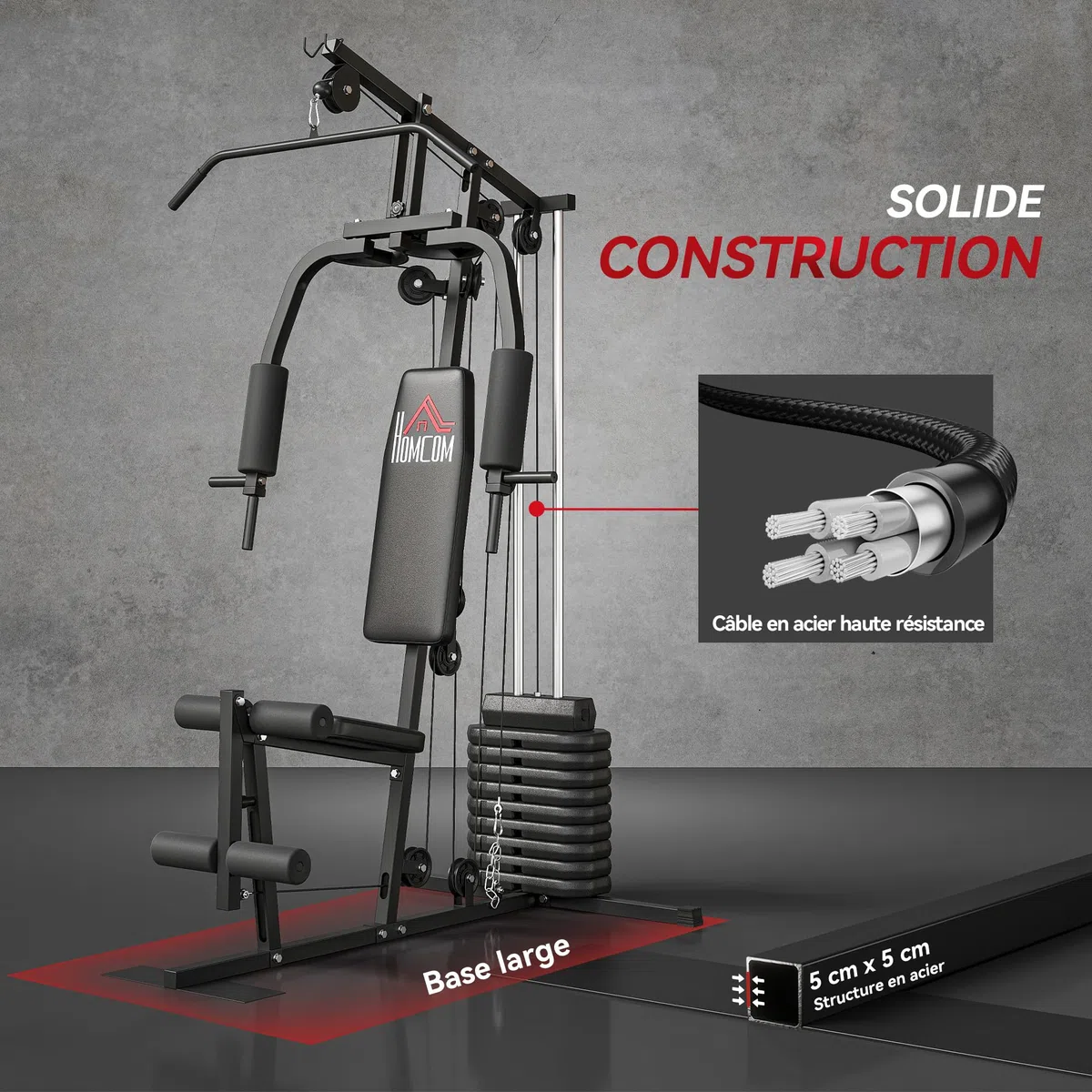 HOMCOM Station de Musculation Fitness Machine de Musculation avec 9 Blocs de Poids de 5 kg, 45kg au Total, entraînement Complet - 200 x 135 x 103 cm