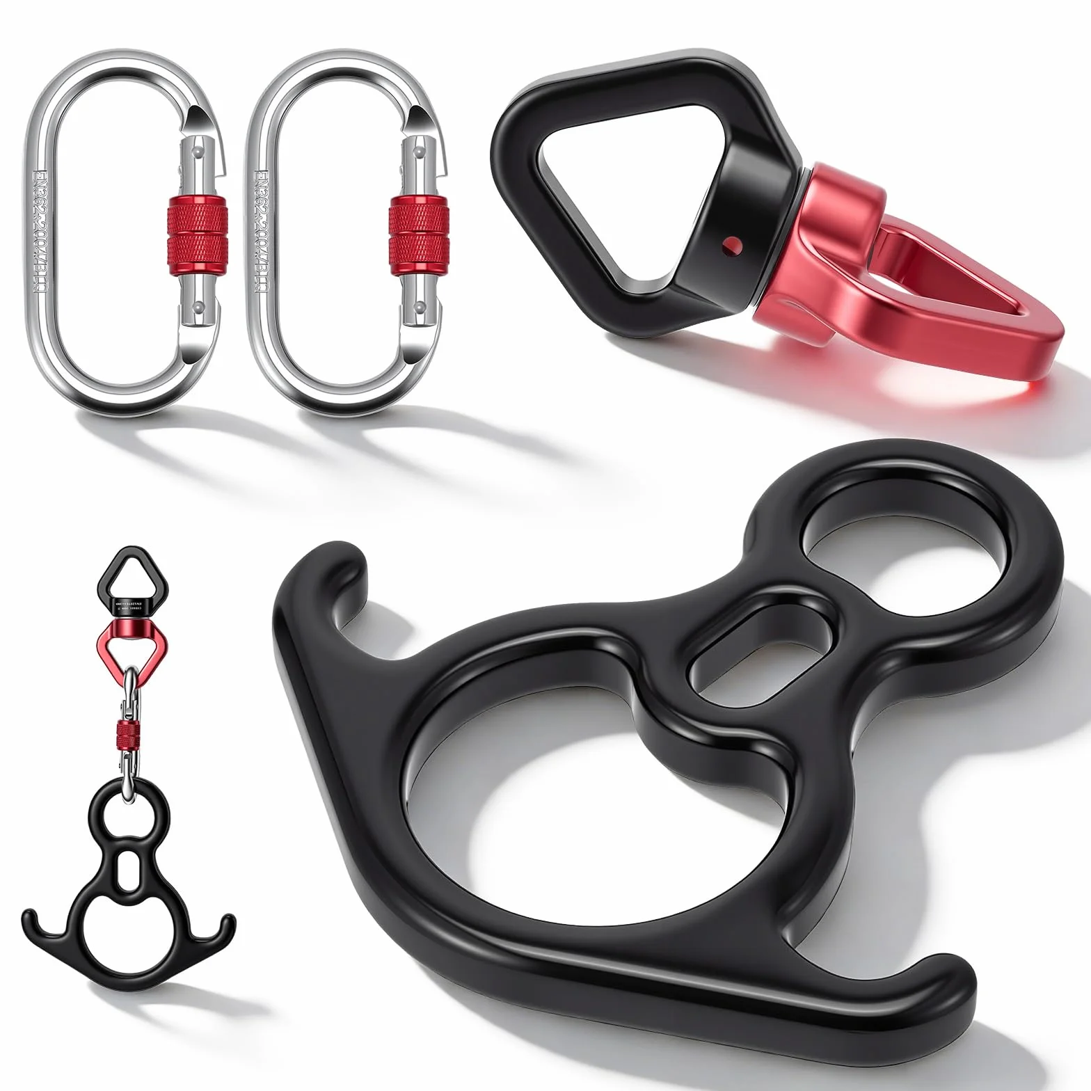 Rotule Pivotante 360° Kit Complet, 30kN Rotule + 50kN Anneau 8 Cornes + 2x25kN Mousquetons, Articulation Pivotante Roulement à Billes pour Soie Aérienne Yoga Escalade Balançoire Hamac, Noir Rouge