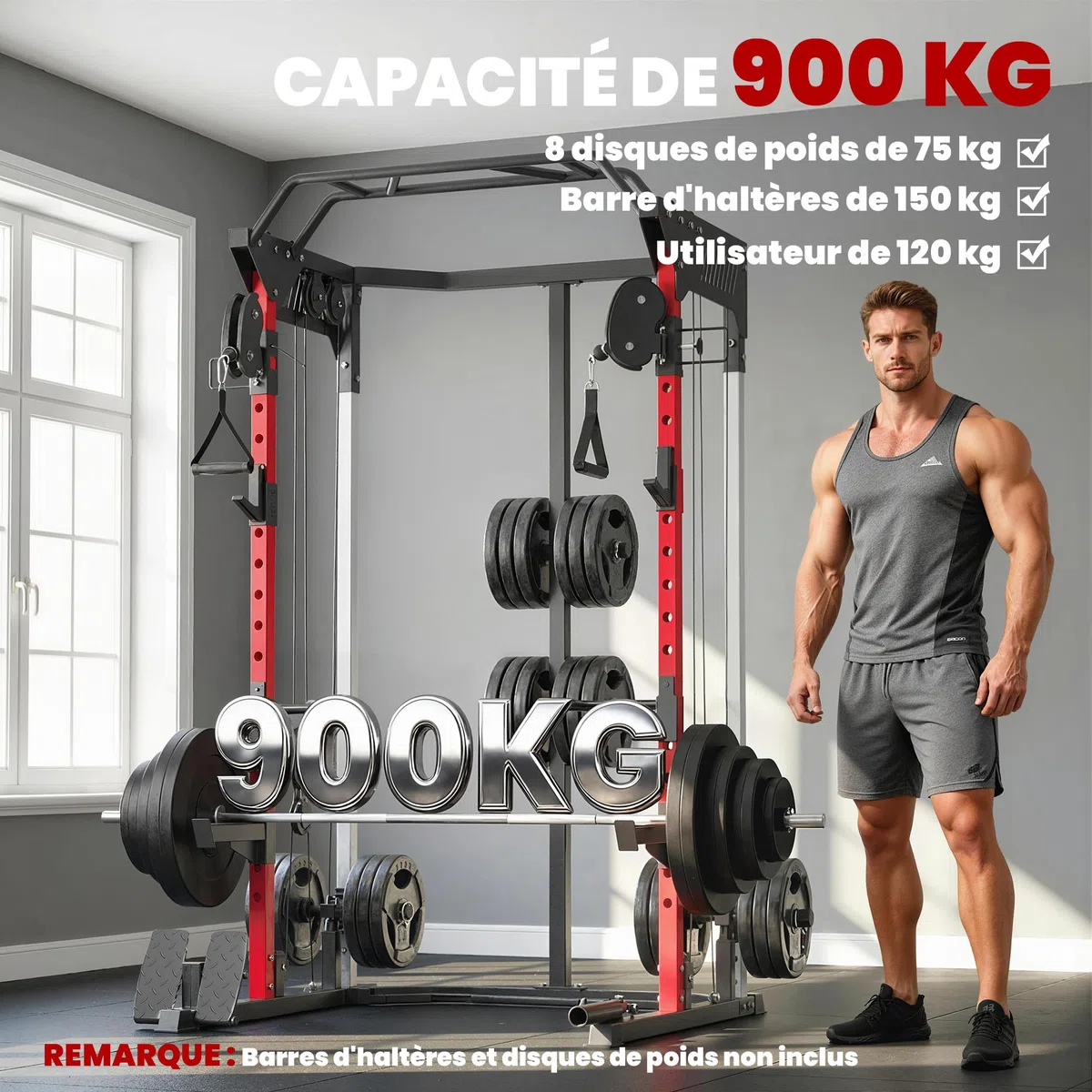 SPORTNOW Station de Musculation Power Rack 900kg - Cage de Squat avec Double Poulie Réglable 19 Niveaux - Home Gym Complet pour Entraînement de Force, avec Tirage Lat et Accessoires, Noir