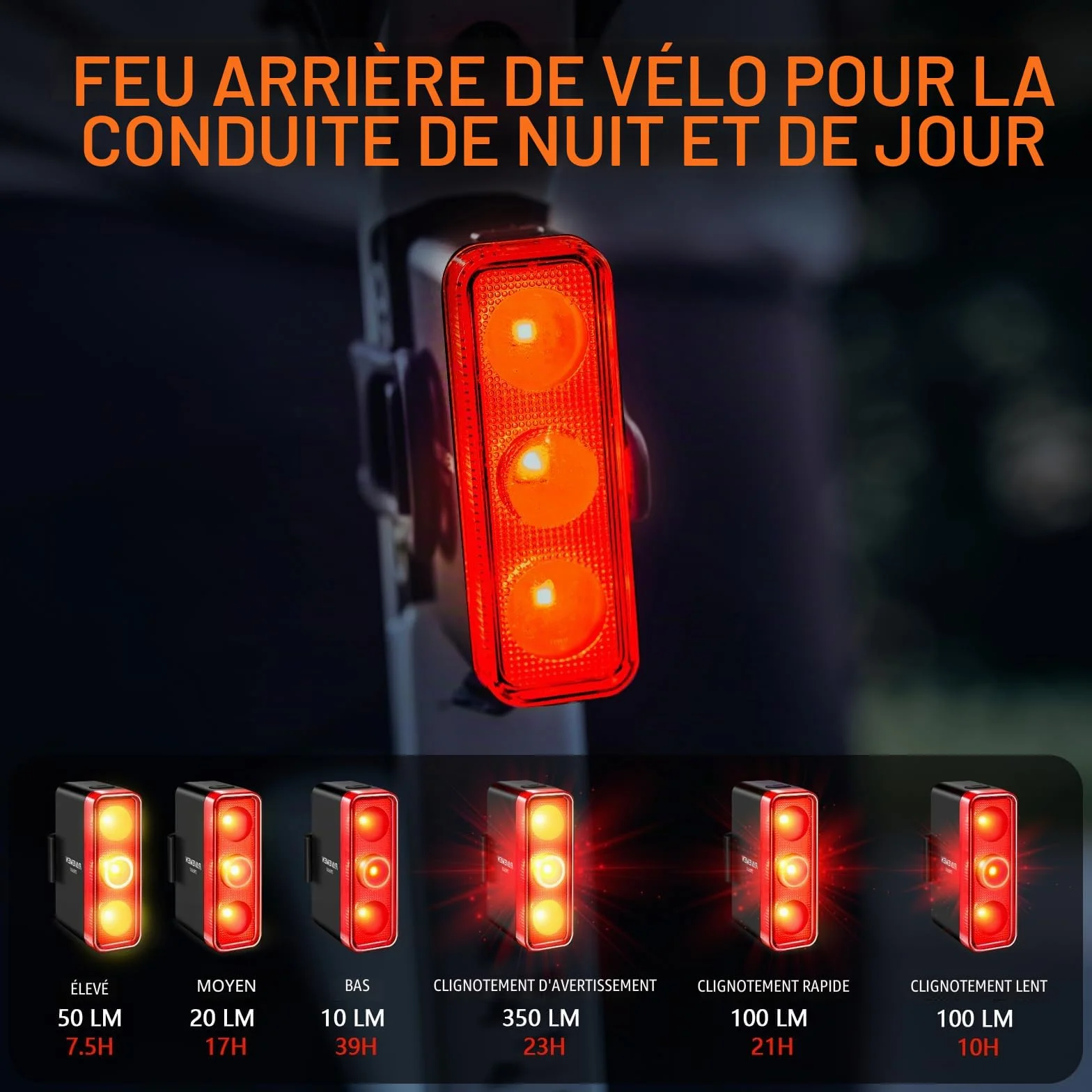 RAVEMEN TR350 Feu Arrière de Vélo, Feu de freinage 350 lumens pour vélo arrière Visible de Jour et de Nuit pour l'équitation Urbaine 6 Modes USB-C Rechargeable