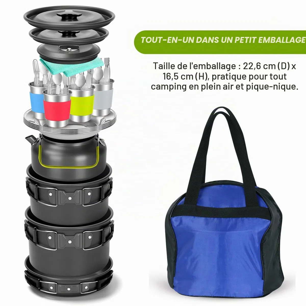 Odoland Multi-PCS Kit de Casseroles Camping, Cookware Kit Durable et Compact avec réservoir d'eau Pliable 12L et Seau, Bouilloire et Tasses en Acier Inoxydable pour Randonnée/Outdoor/Pique-Nique