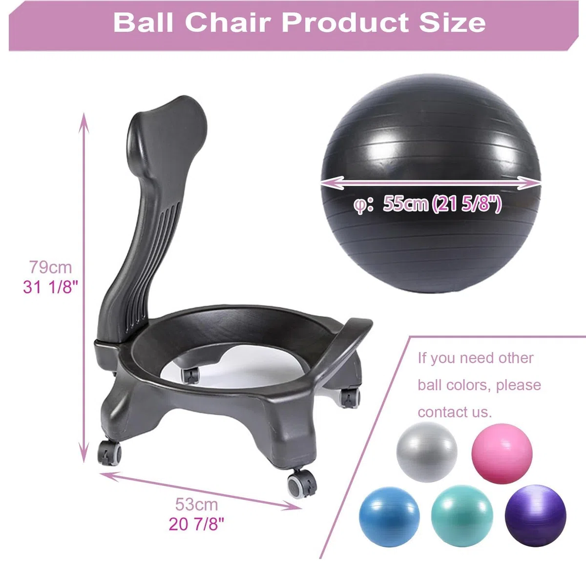 Chaise de Ballon de Fitness, Chaise de Bureau de Yoga avec Rouleaux/Support Dorsal, Ergonomique, pour Adultes/Femmes Enceintes