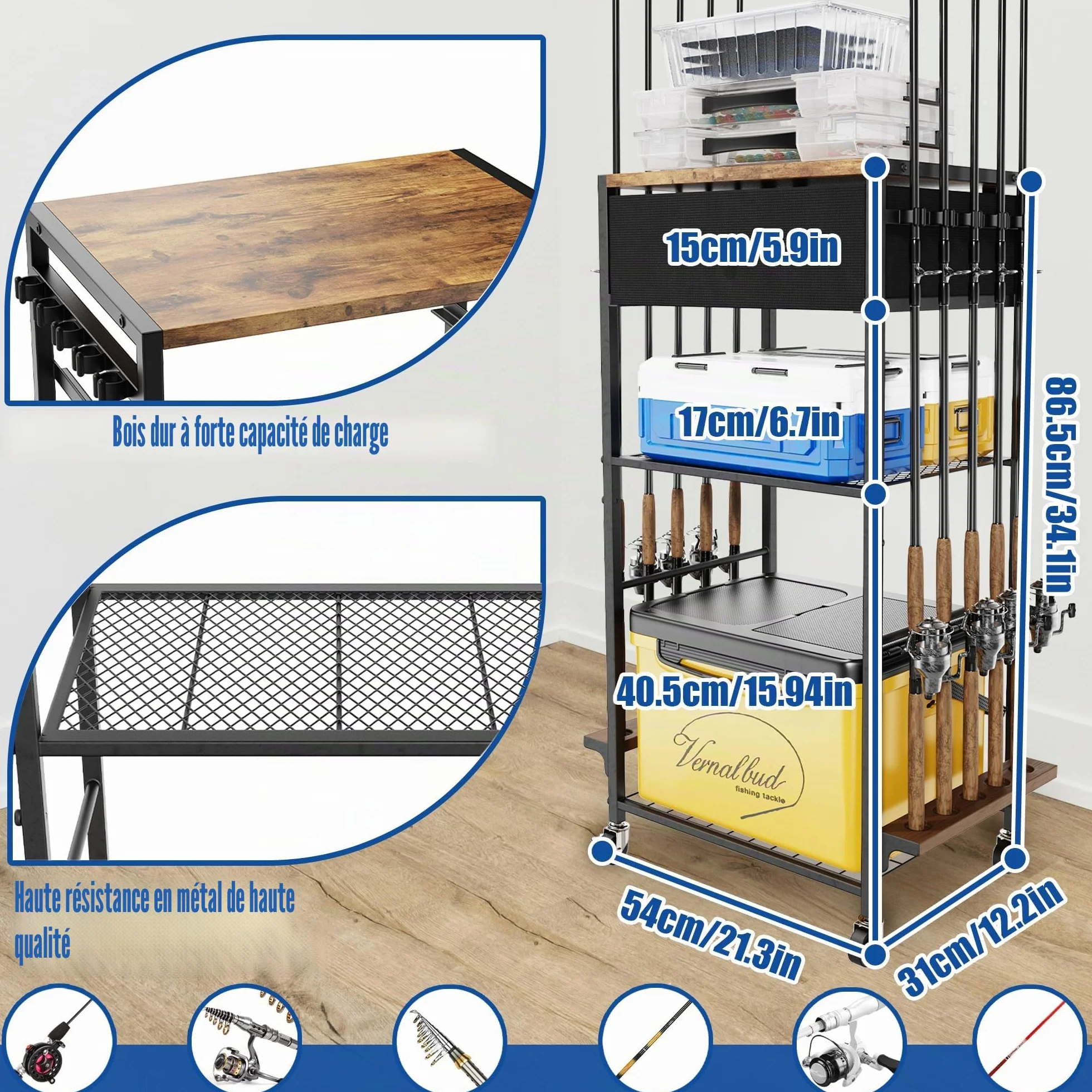 Support de canne à pêche pour garage, rotatif 360°, chariot de rangement pour matériel de pêche, cadeau homme/femme
