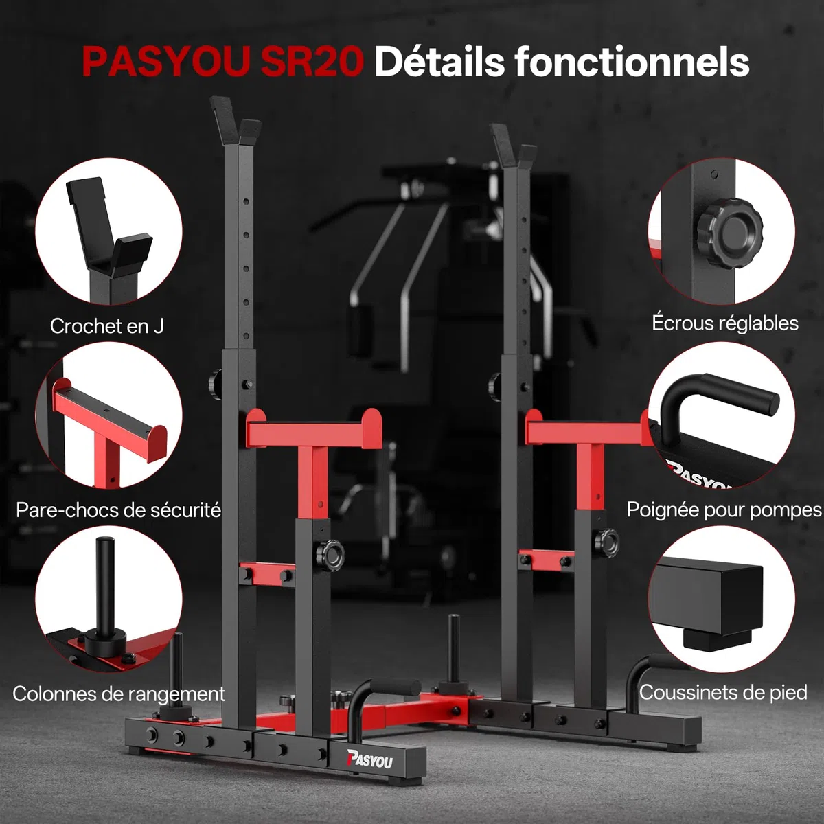 PASYOU Cages de squat,Multi-Fonction Supports de Squat Réglable, Squat Rack Musculation Avec Push up,Fitness Multifonction, Robuste, Noir&Rouge | Support de squat robuste réglable en hauteur, convient pour les squats, développé couché, musculation, 544,3