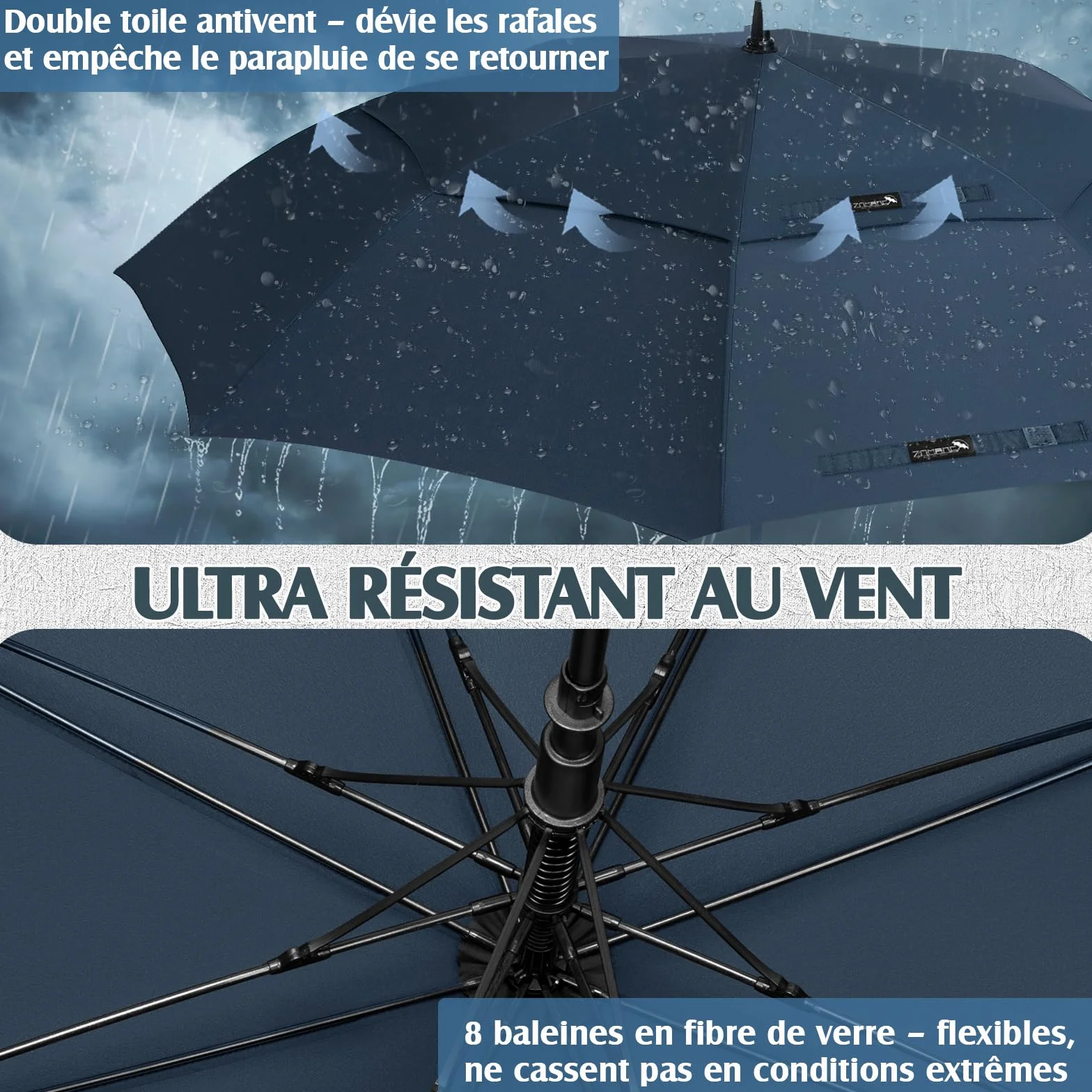 ZOMAKE Grand Parapluie XL/XXL, Parapluie Golf Grande Taille pour 2 Personnes, Solide et Résistant au Vent Fort et aux Tempêtes, Ouverture Automatique, Homme & Femme, Idéal Golf, Voyage, Quotidien