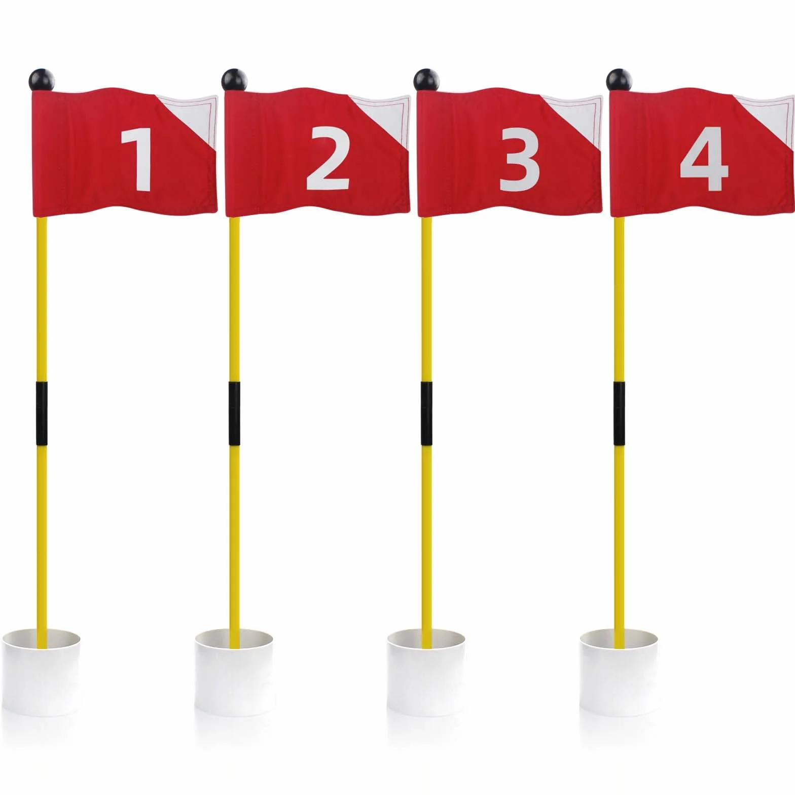 KOFULL Lot de 4 drapeaux de golf avec drapeaux rouges numérotés de 1 à 4, bâton en fibre de verre, ensemble de tasses pour entraînement portable, avec trous verts