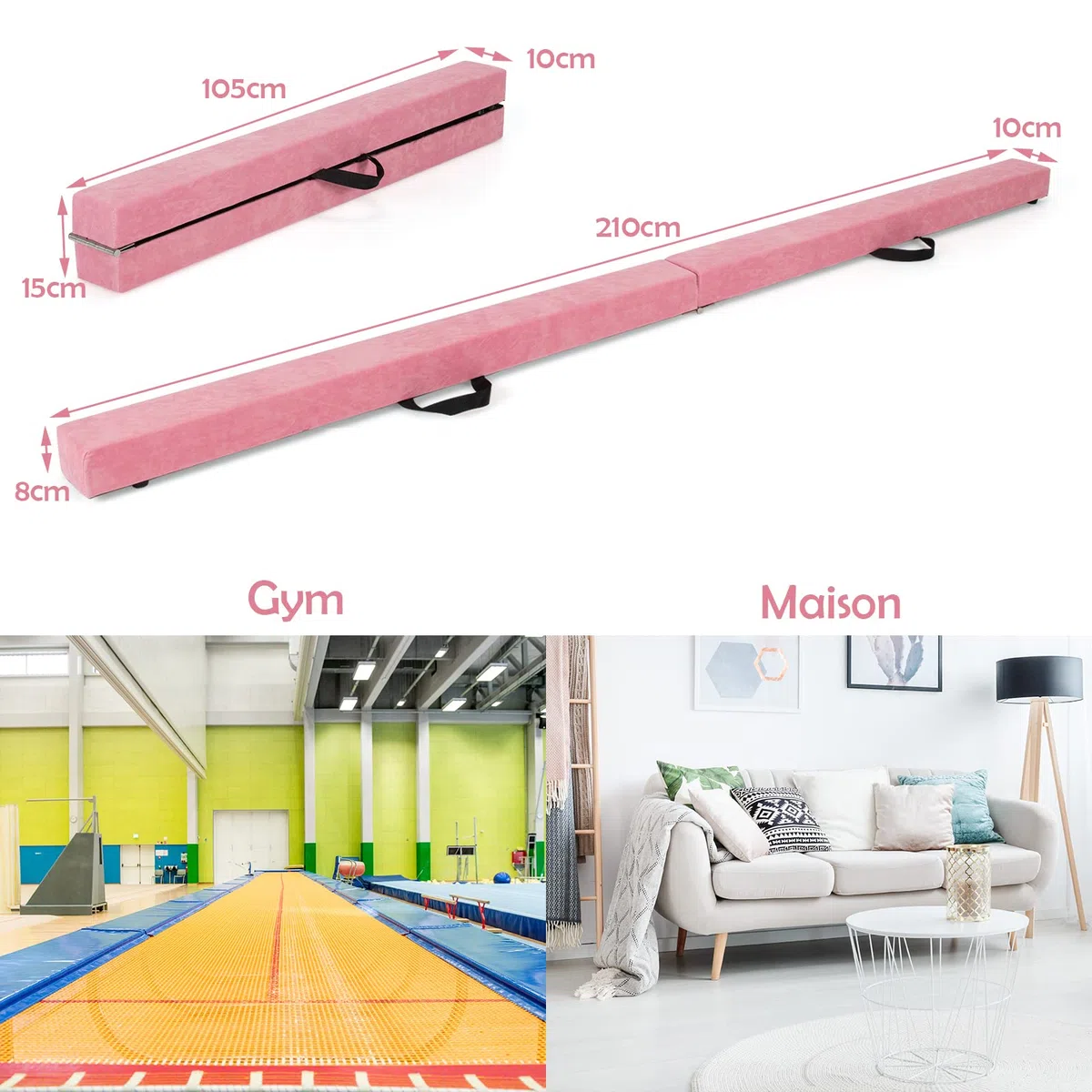 GYMAX Poutre Gymnastique pour Enfant, Poutre d'Équilibre Pliable 210CM, Portable, Robuste en Bois Massif, avec Patins Antidérapant & Surface Douce, Transport Facile, pour Danse/Fitness (Rose)