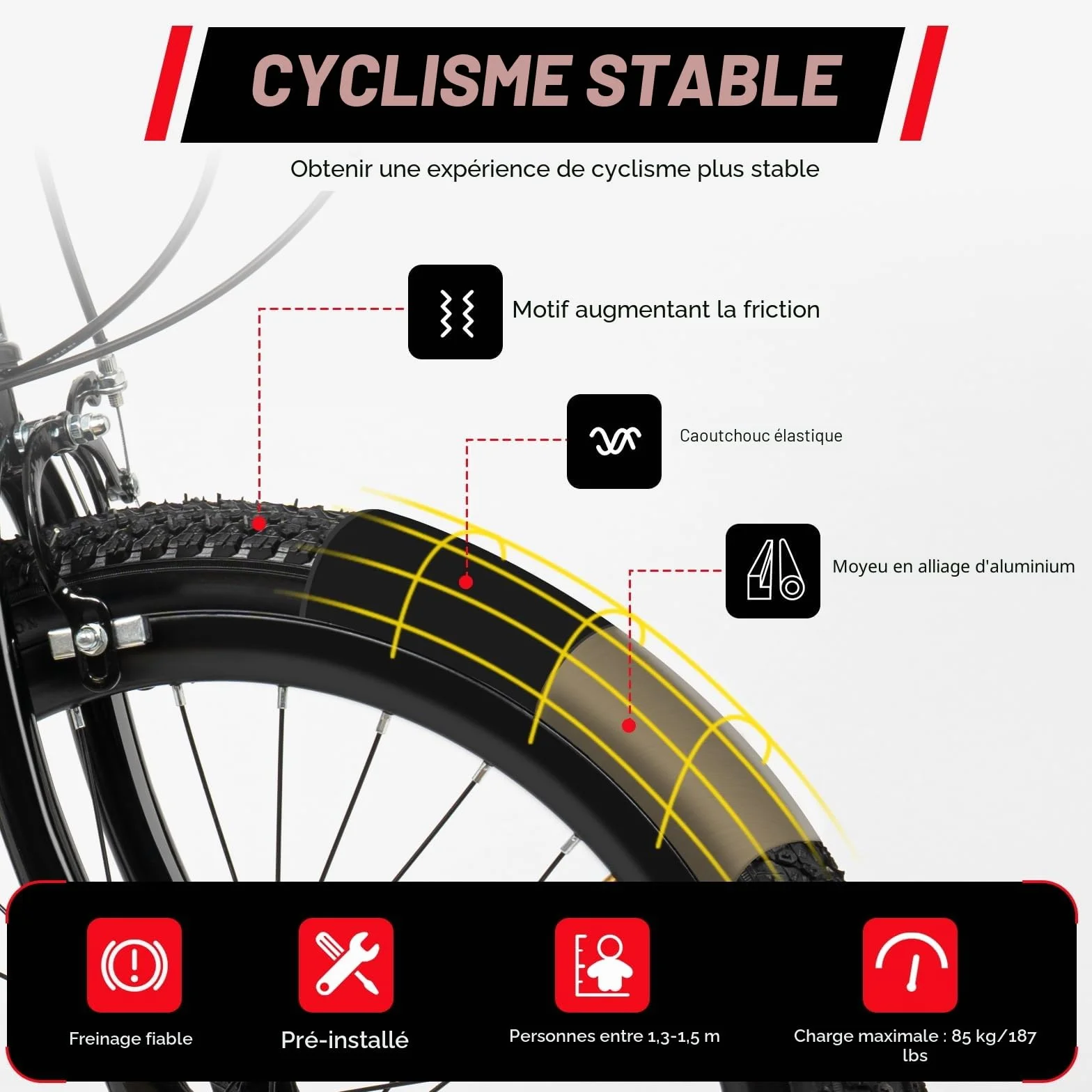 VTT 20" à 7 vitesses moderne, pour garçons et filles de 8 à 13 ans, VTT avec 4 gardes, support, cloche de boussole, sac de rangement pour bouteille d’eau, capacité de charge 85 kg, cadre